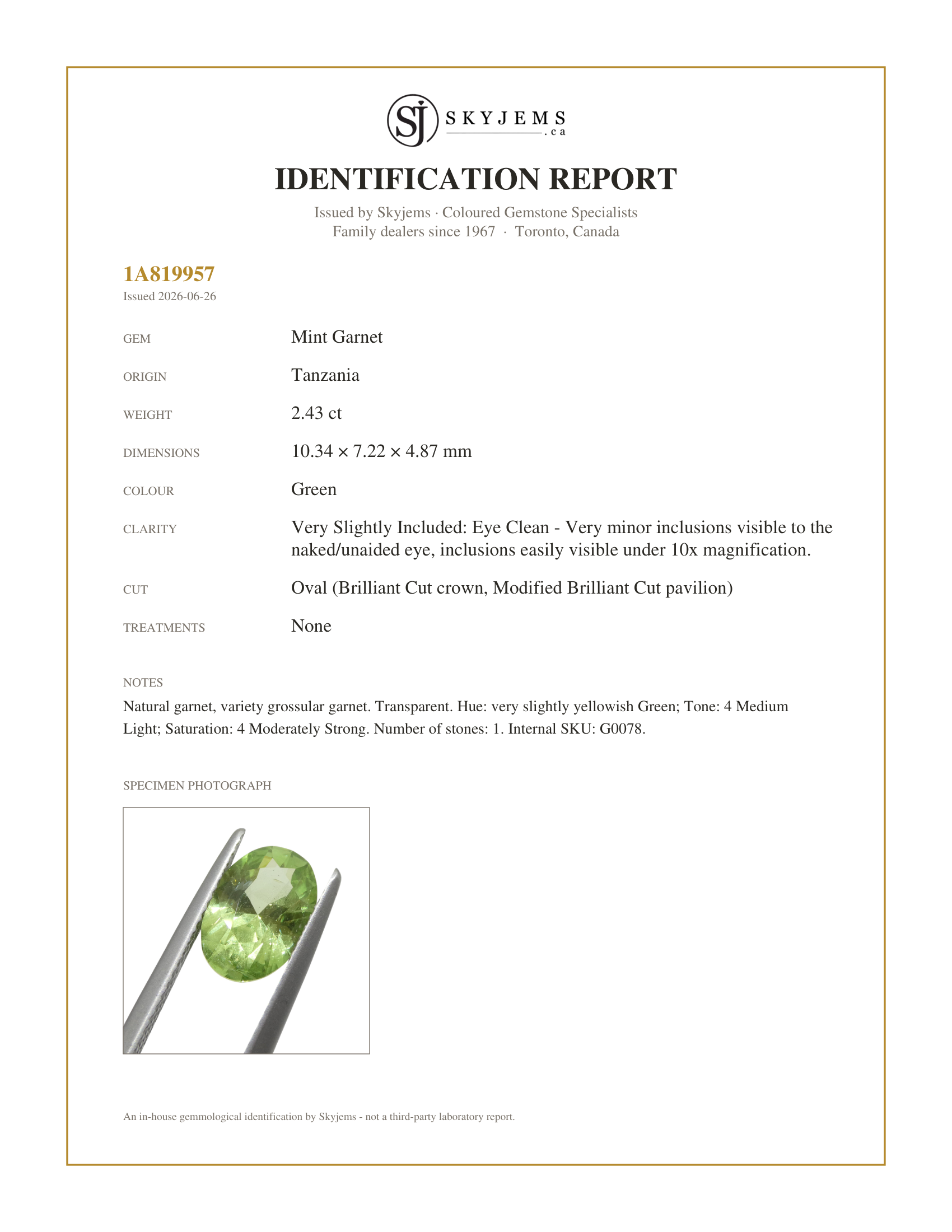 Skyjems Identification Report for G0078 — 2.43ct Oval Green Merelani Mint Tsavorite Garnet from Tanzania