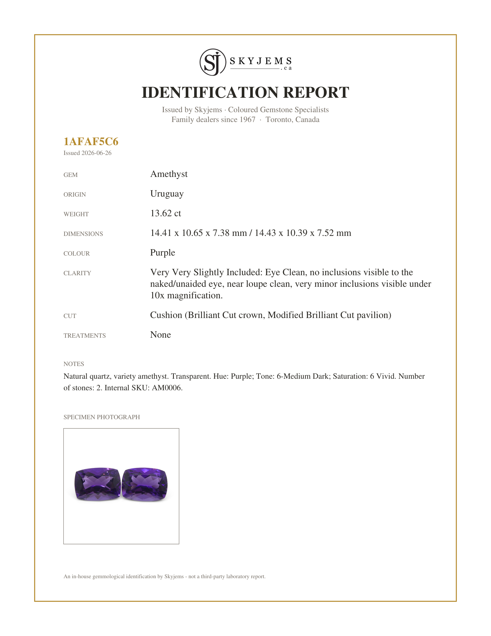 Skyjems Identification Report for AM0006 — 13.62ct Pair Cushion Purple Amethyst from Uruguay