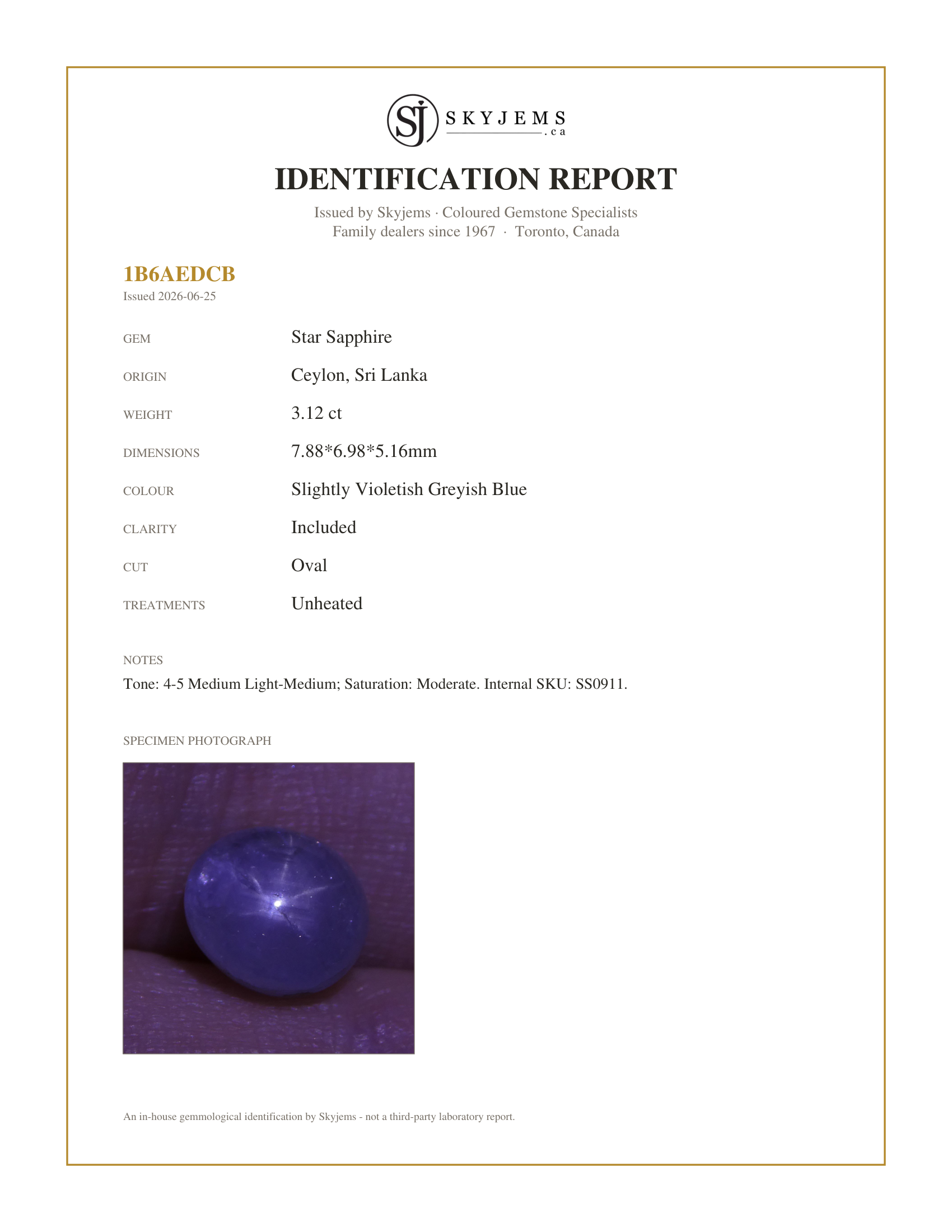 Skyjems Identification Report for SS0911 — 3.12 ct Unheated Blue Ceylon Star Sapphire