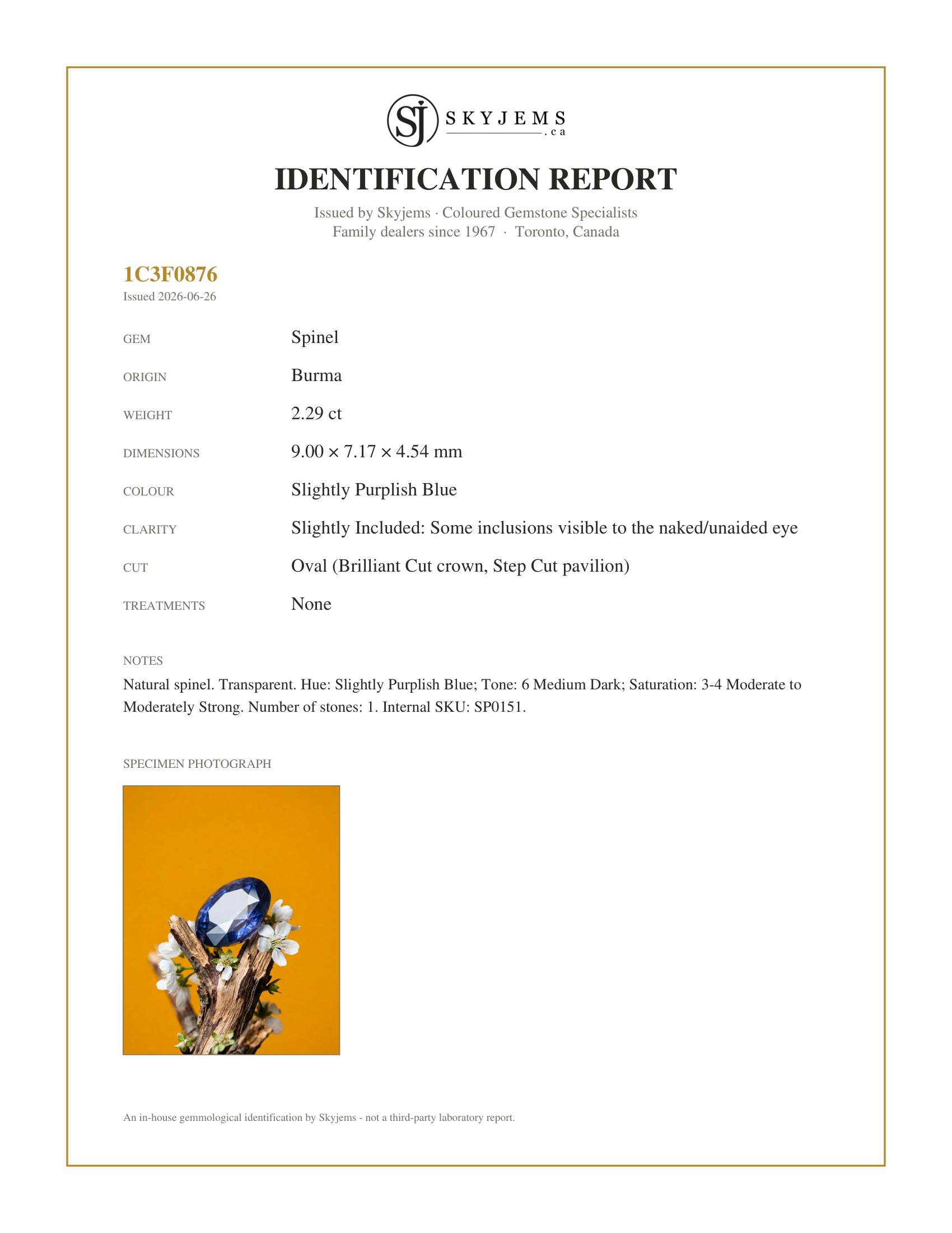 Skyjems Identification Report for SP0151 — 2.29ct Oval Blue Spinel from Burma Unheated