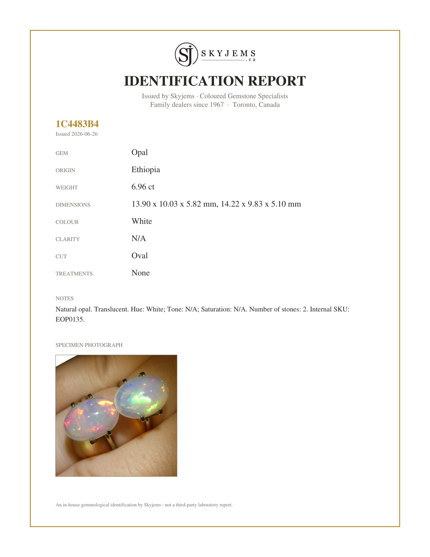 Skyjems Identification Report for EOP0135 — 6.96ct Pair Oval Cabochon White Crystal Opal from Ethiopia