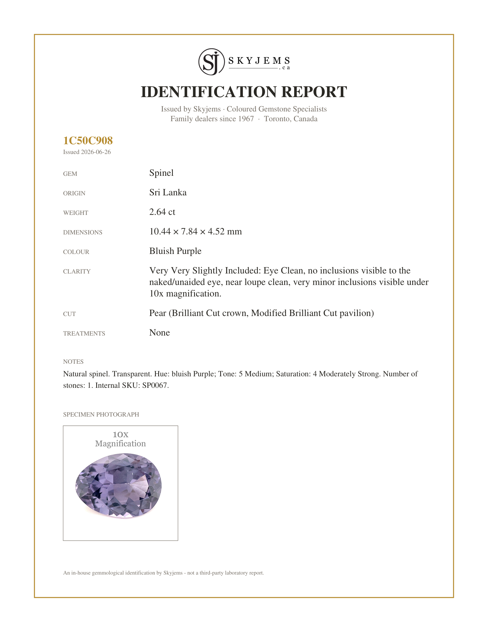 Skyjems Identification Report for SP0067 — 2.64ct Pear Purple Spinel from Sri Lanka Unheated