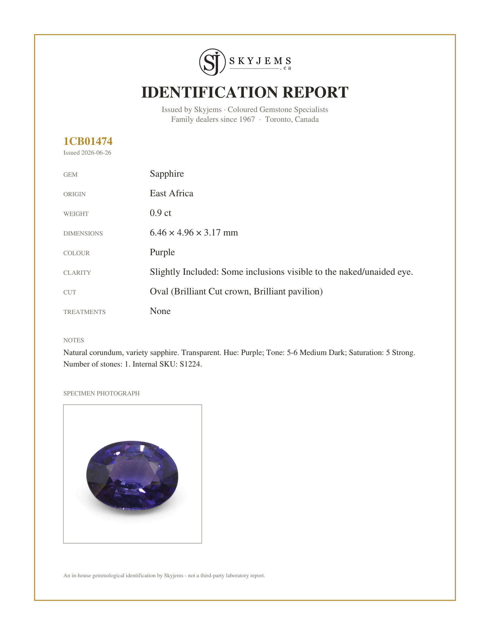Skyjems Identification Report for S1224 — 0.9ct Oval Purple Sapphire from East Africa, Unheated