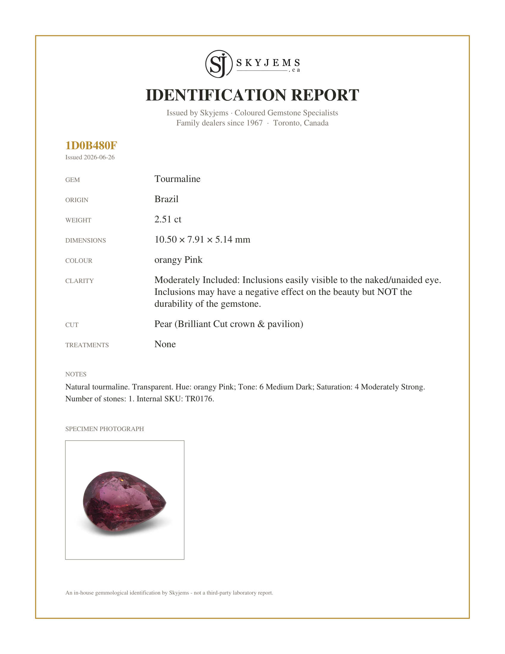 Skyjems Identification Report for TR0176 — 2.51ct Pear Pink Tourmaline