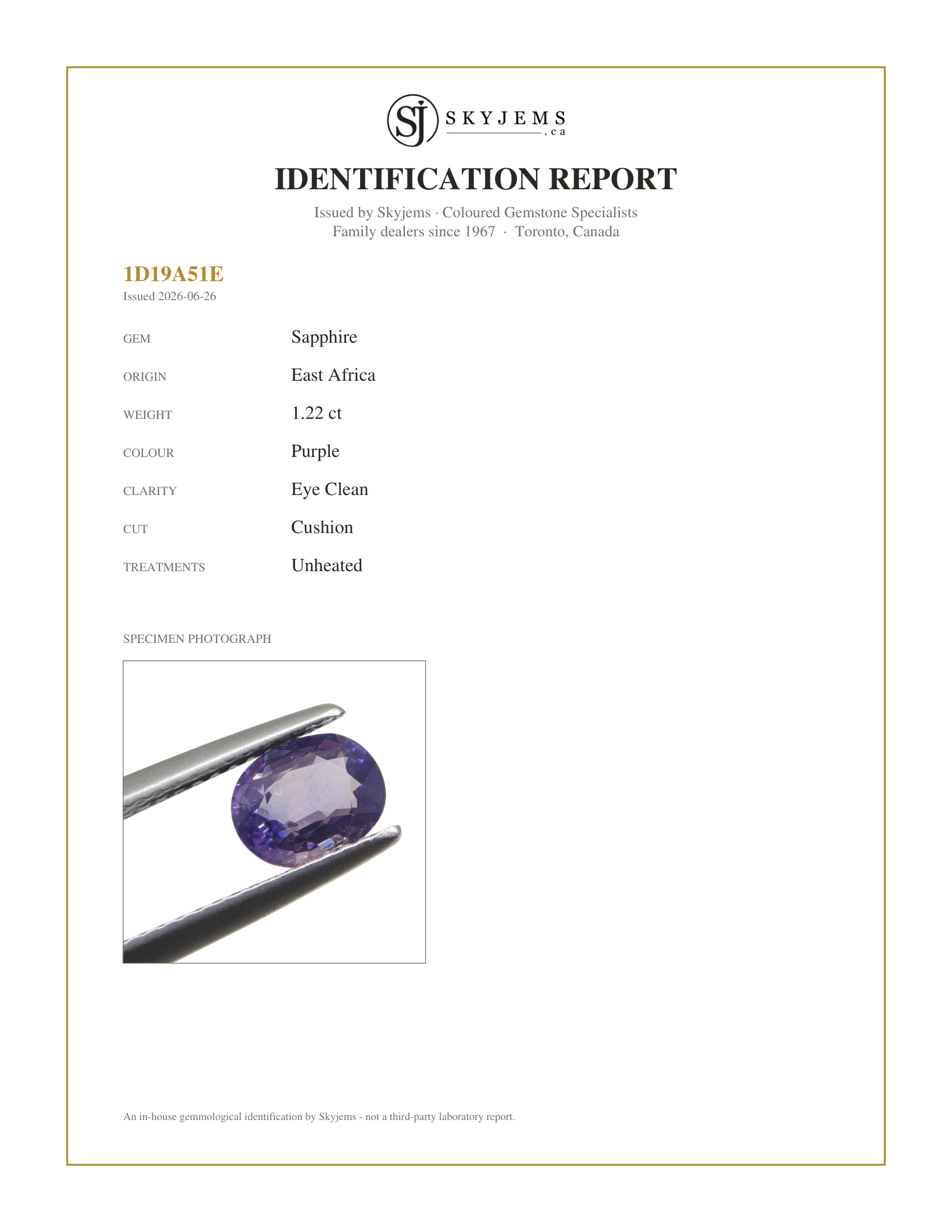 Skyjems Identification Report for  — 1.22ct Oval Purple Sapphire from East Africa, Unheated