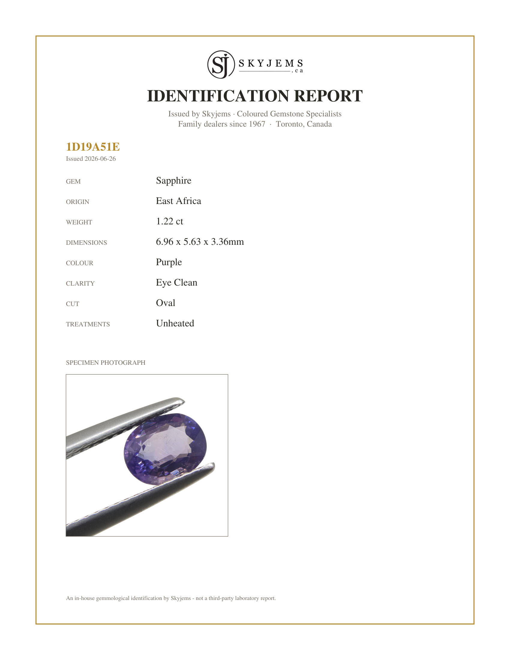 Skyjems Identification Report for S1201 — 1.22ct Oval Purple Sapphire from East Africa, Unheated