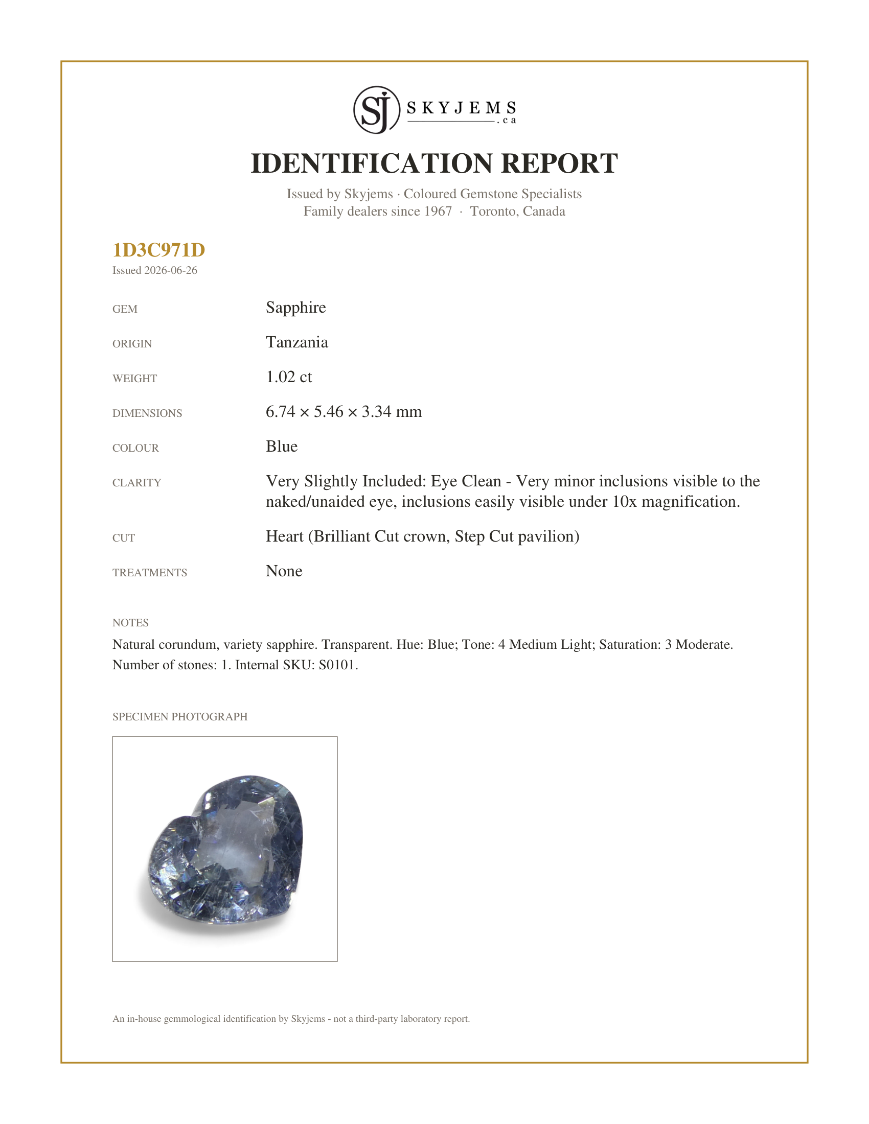 Skyjems Identification Report for S0101 — 1.02ct Heart Blue Sapphire from Tanzania Unheated