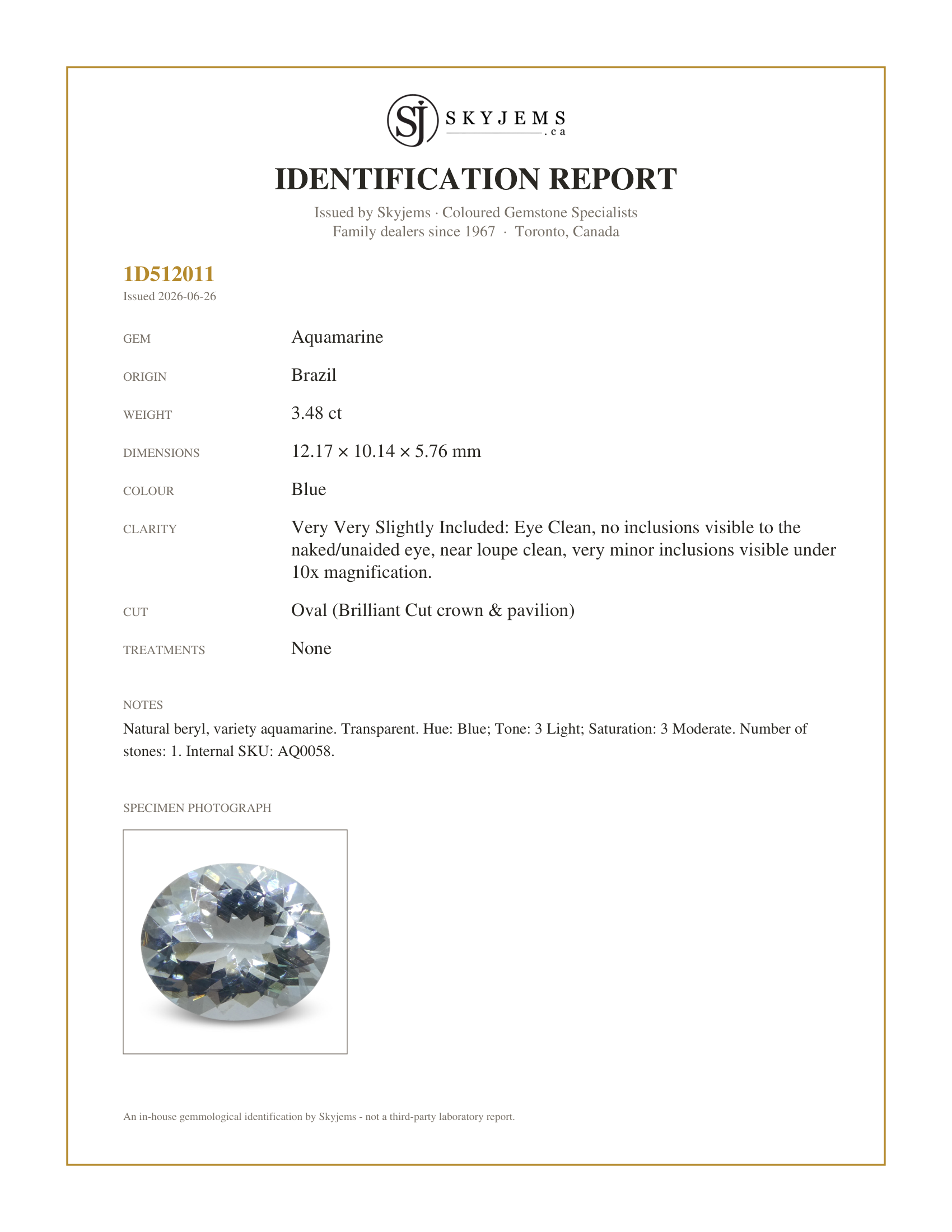Skyjems Identification Report for AQ0058 — 3.48ct Oval Blue Aquamarine from Brazil Unheated