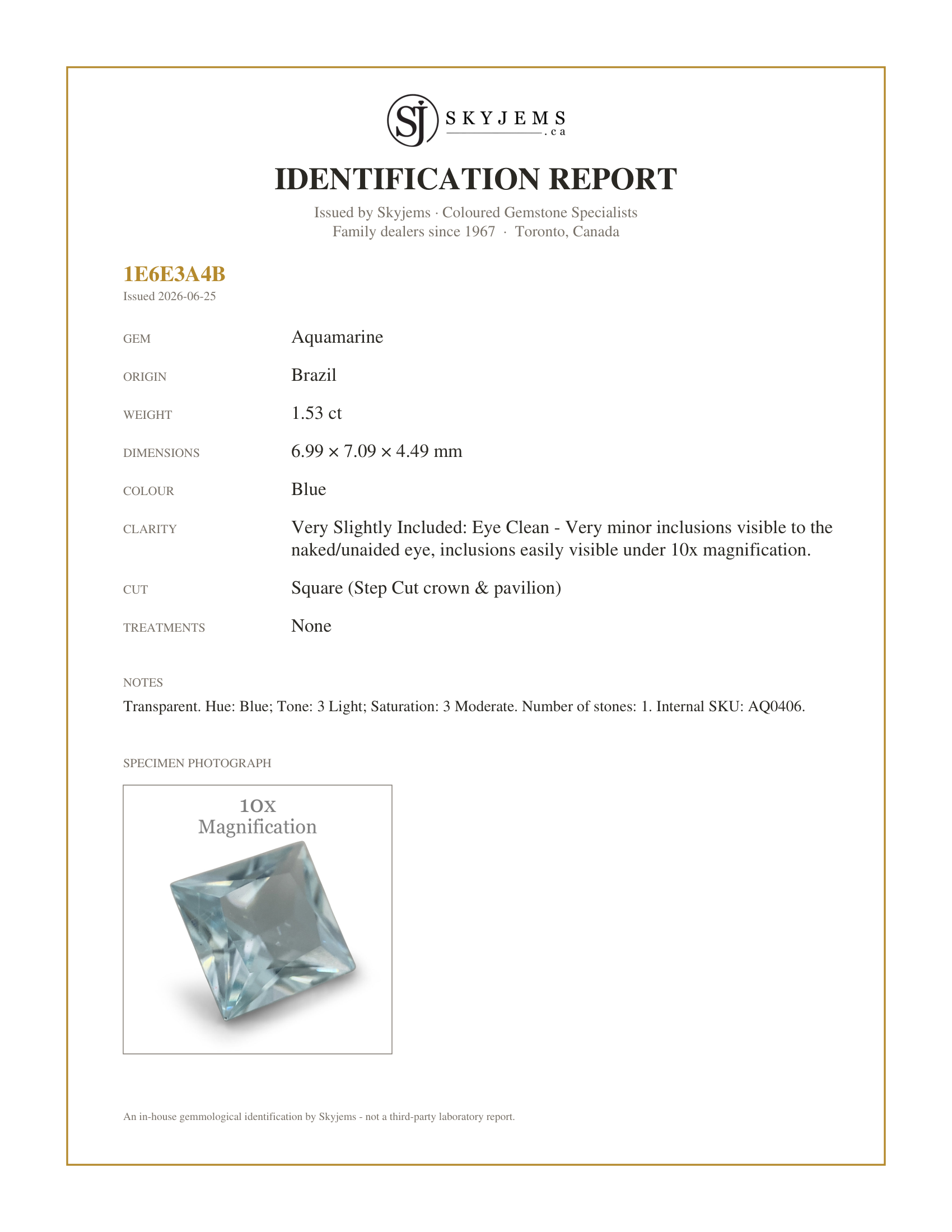 Skyjems Identification Report for AQ0406 — 1.53ct Square Aquamarine