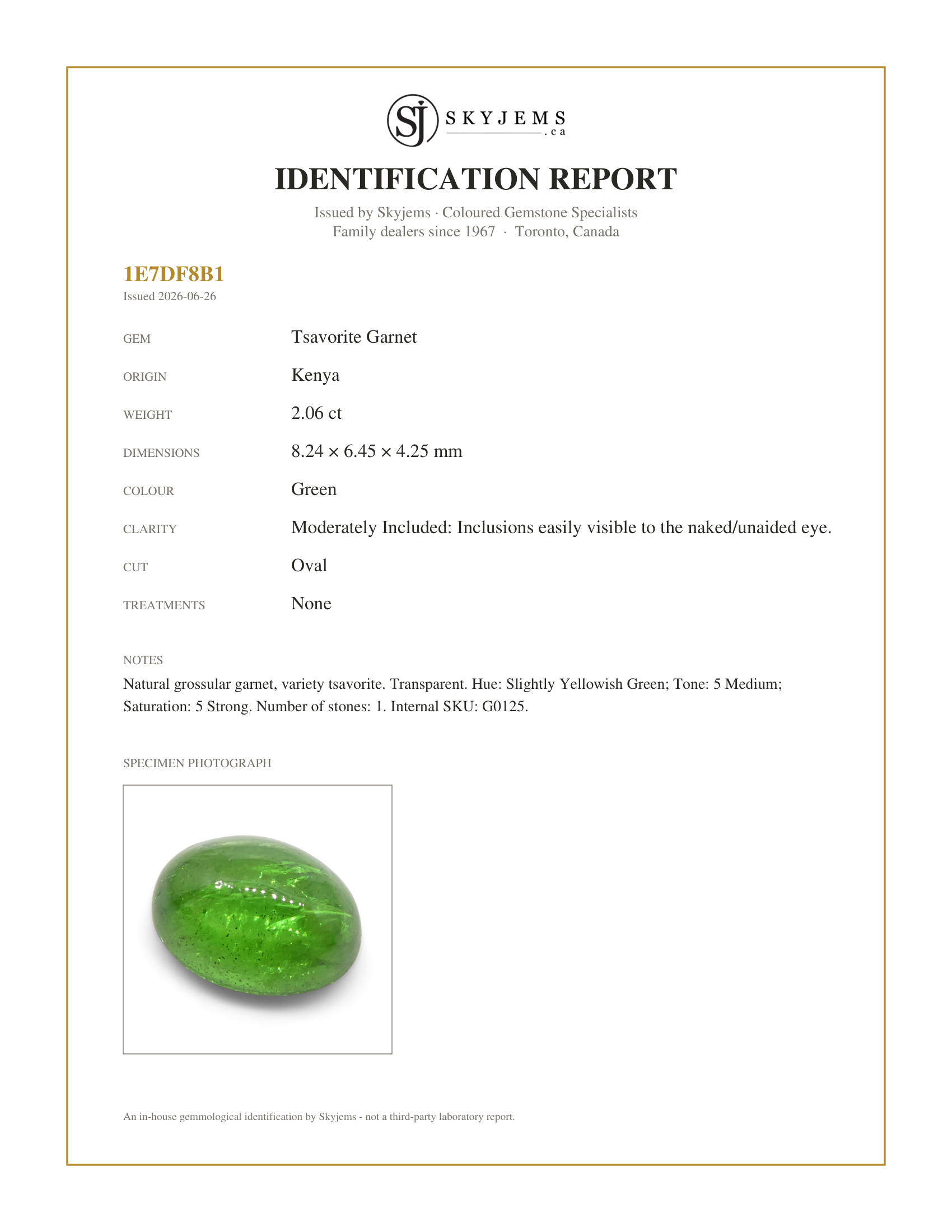 Skyjems Identification Report for G0125 — 2.06ct Oval Cabochon Green Tsavorite Garnet from Kenya, Unheated