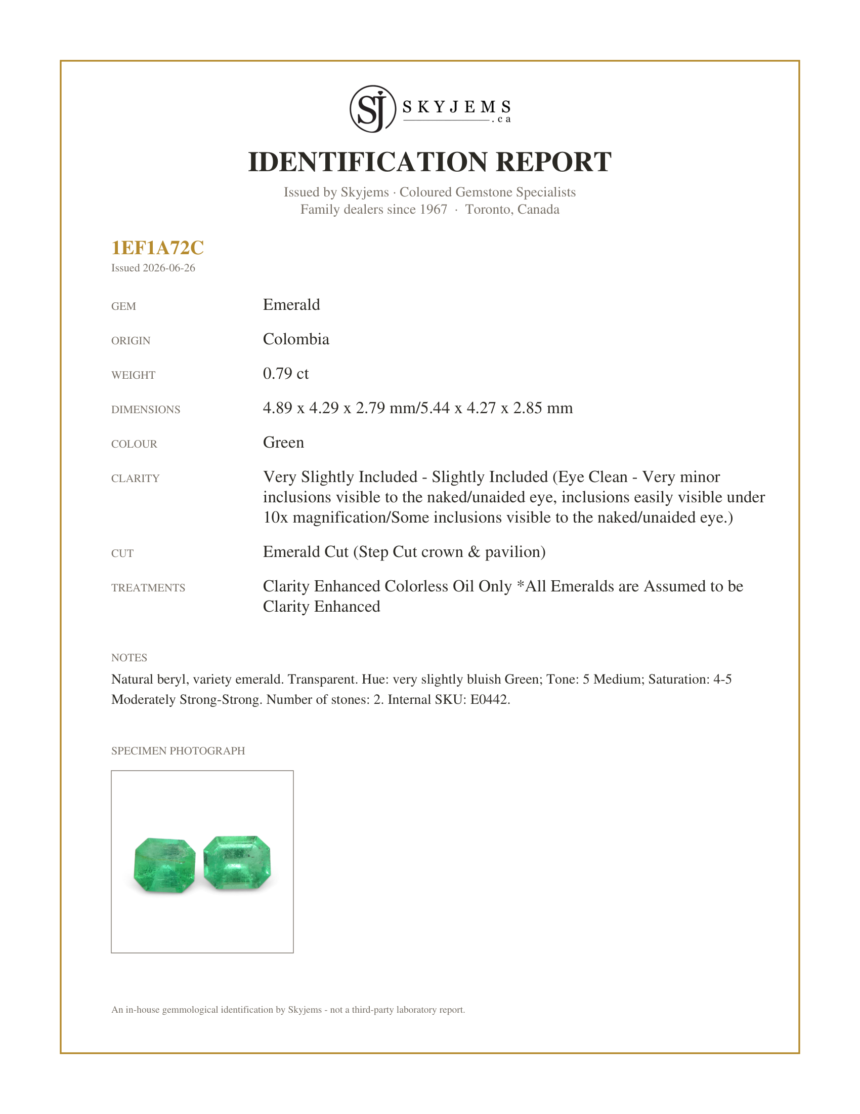 Skyjems Identification Report for E0442 — 0.79ct Pair Emerald Cut Green Emerald from Colombia