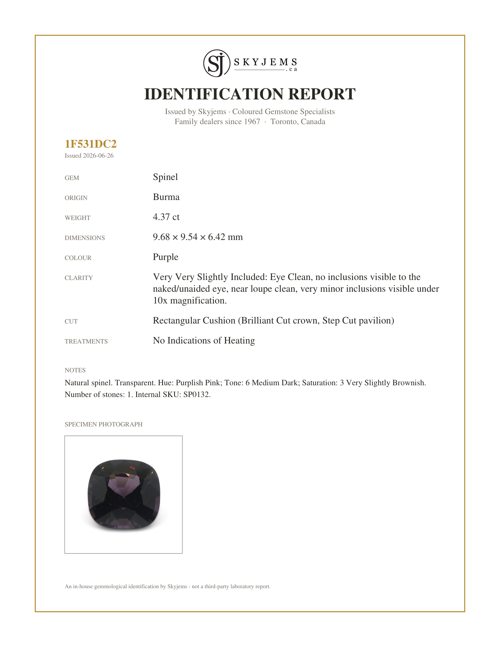 Skyjems Identification Report for SP0132 — 4.37ct Rectangular Cushion Purple Spinel from Burma