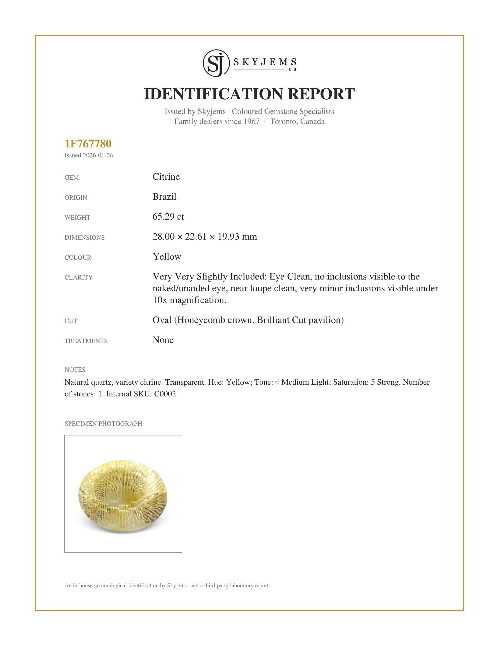 Skyjems Identification Report for C0002 — 65.29ct Oval Yellow Honeycomb Starburst Citrine
