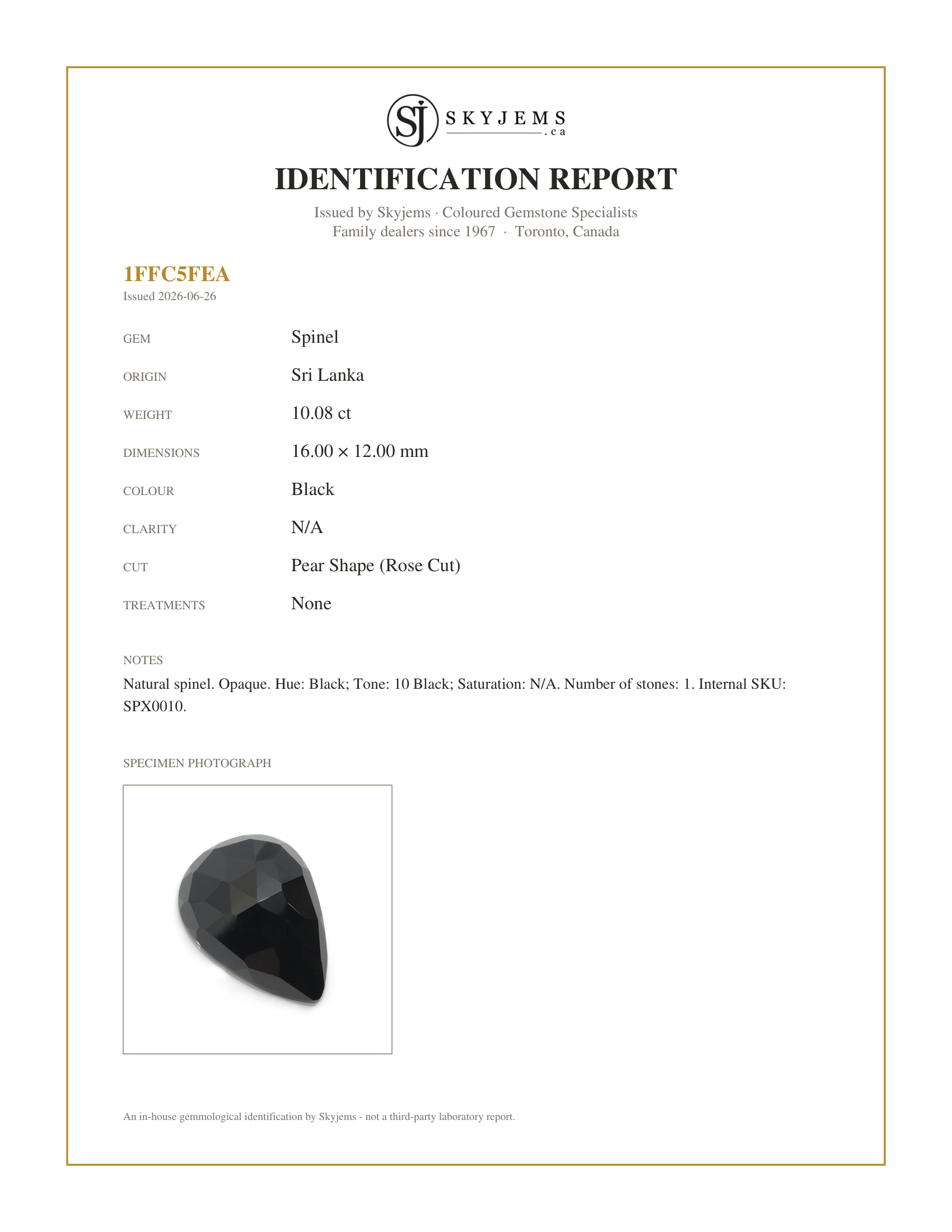 Skyjems Identification Report for SPX0010 — 10.08ct Rose Cut 16x12mm Pear Shape Black Spinel from Sri Lanka