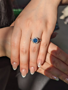 1.33ct Round Teal Blue Sapphire, Diamond Halo Engagement Ring set in 18k White Gold, IGI Certified - Skyjems Wholesale Gemstones