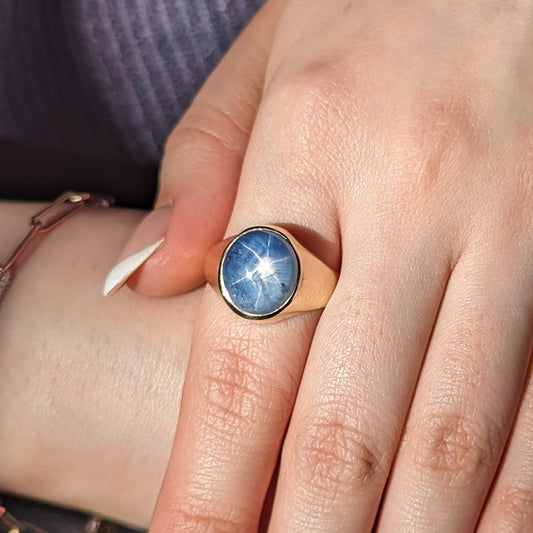 8.08ct Blue Star Sapphire Signet Gent's Ring set in 14k Yellow Gold - Skyjems Wholesale Gemstones