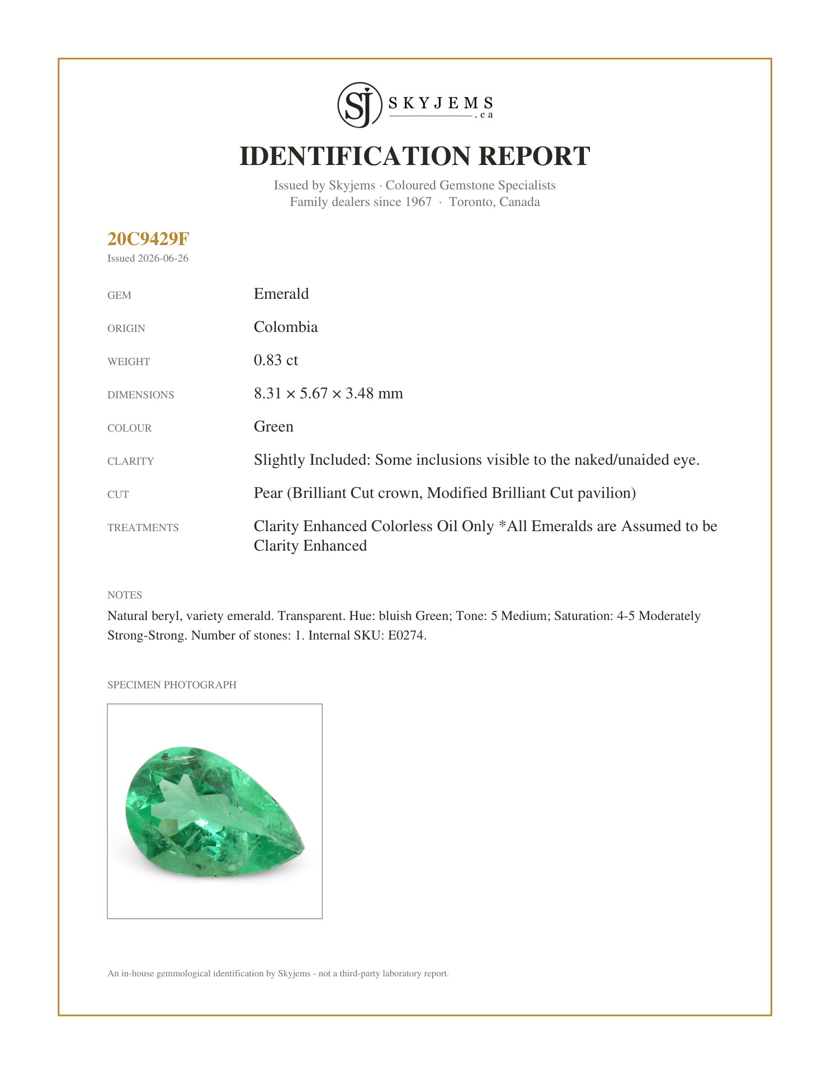 Skyjems Identification Report for E0274 — 0.83ct Pear Green Emerald from Colombia