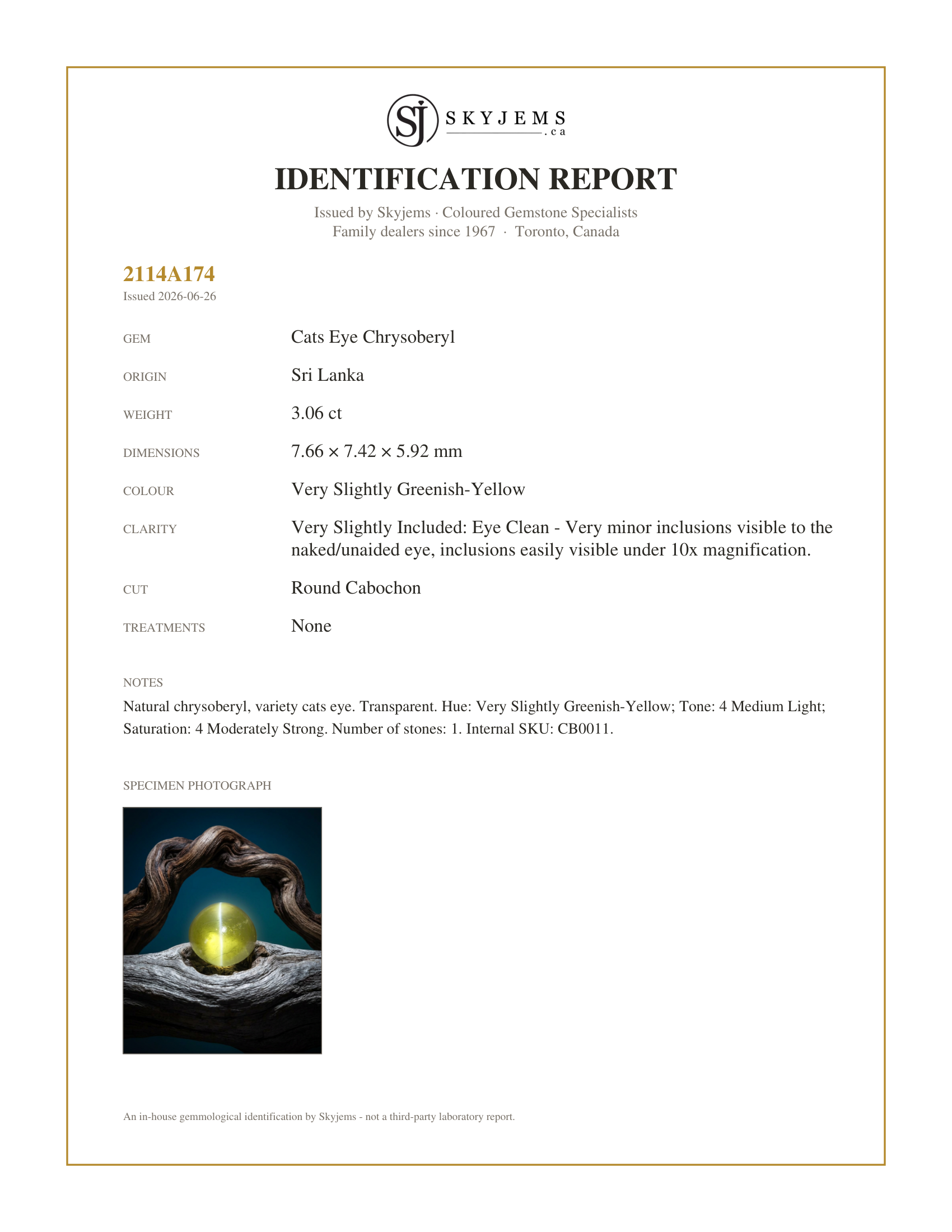 Skyjems Identification Report for CB0011 — 3.06ct Round Cabochon Greenish-Yellow Cats Eye Chrysoberyl