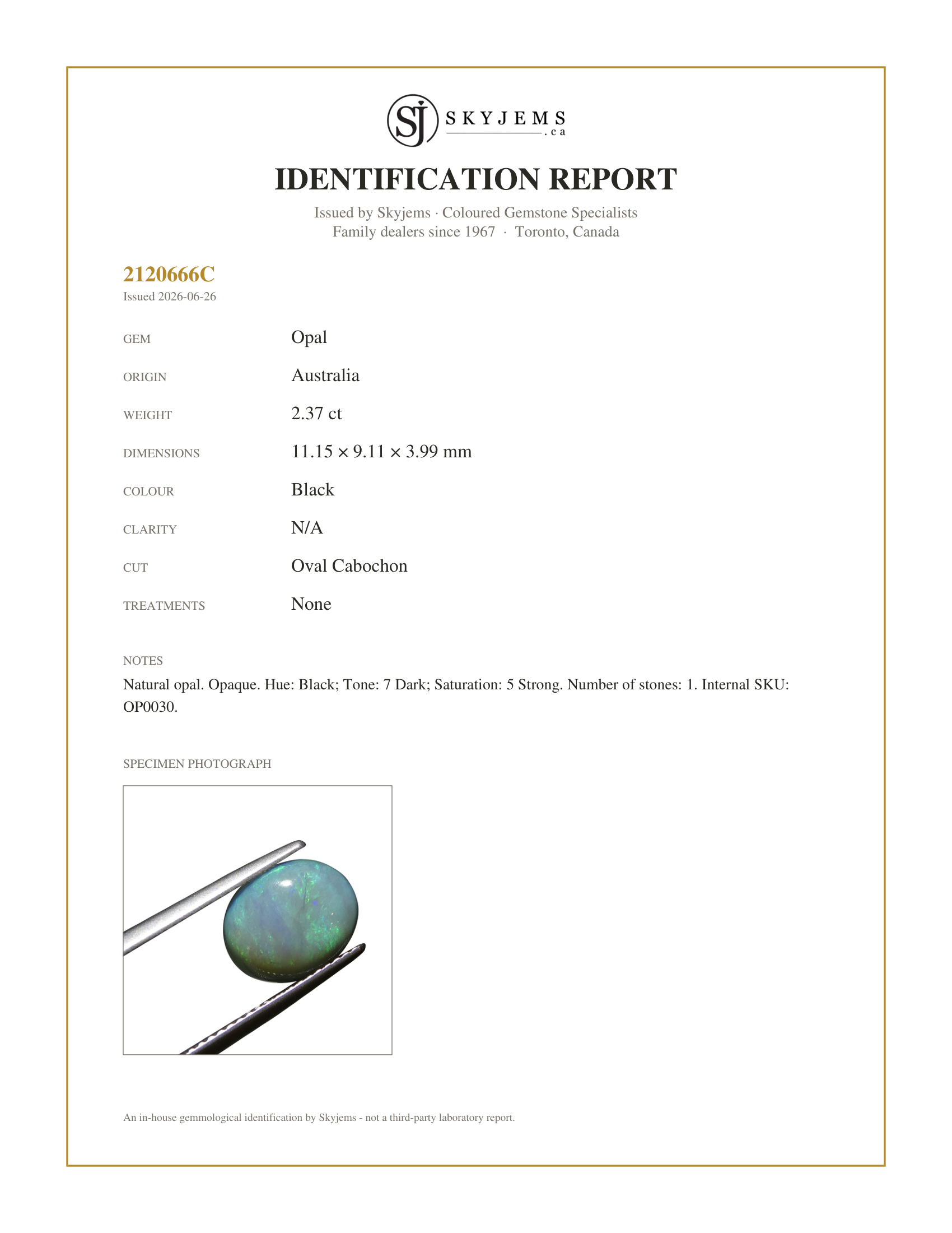 Skyjems Identification Report for OP0030 — 2.37ct Oval Cabochon Black Opal from Australia