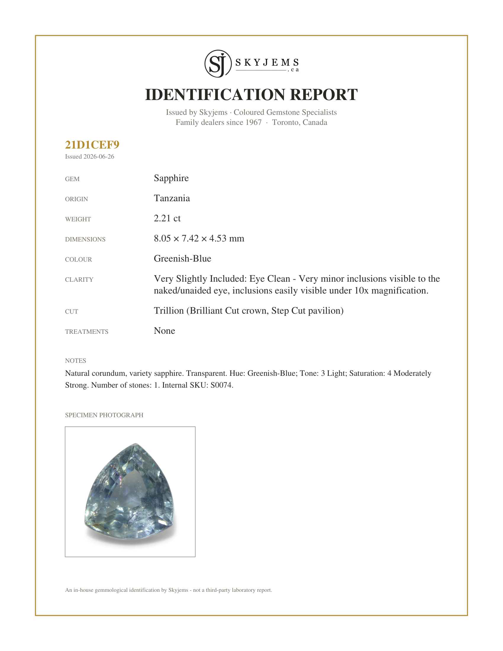 Skyjems Identification Report for S0074 — 2.21ct Trillion Blue Teal Sapphire from Tanzania, Unheated