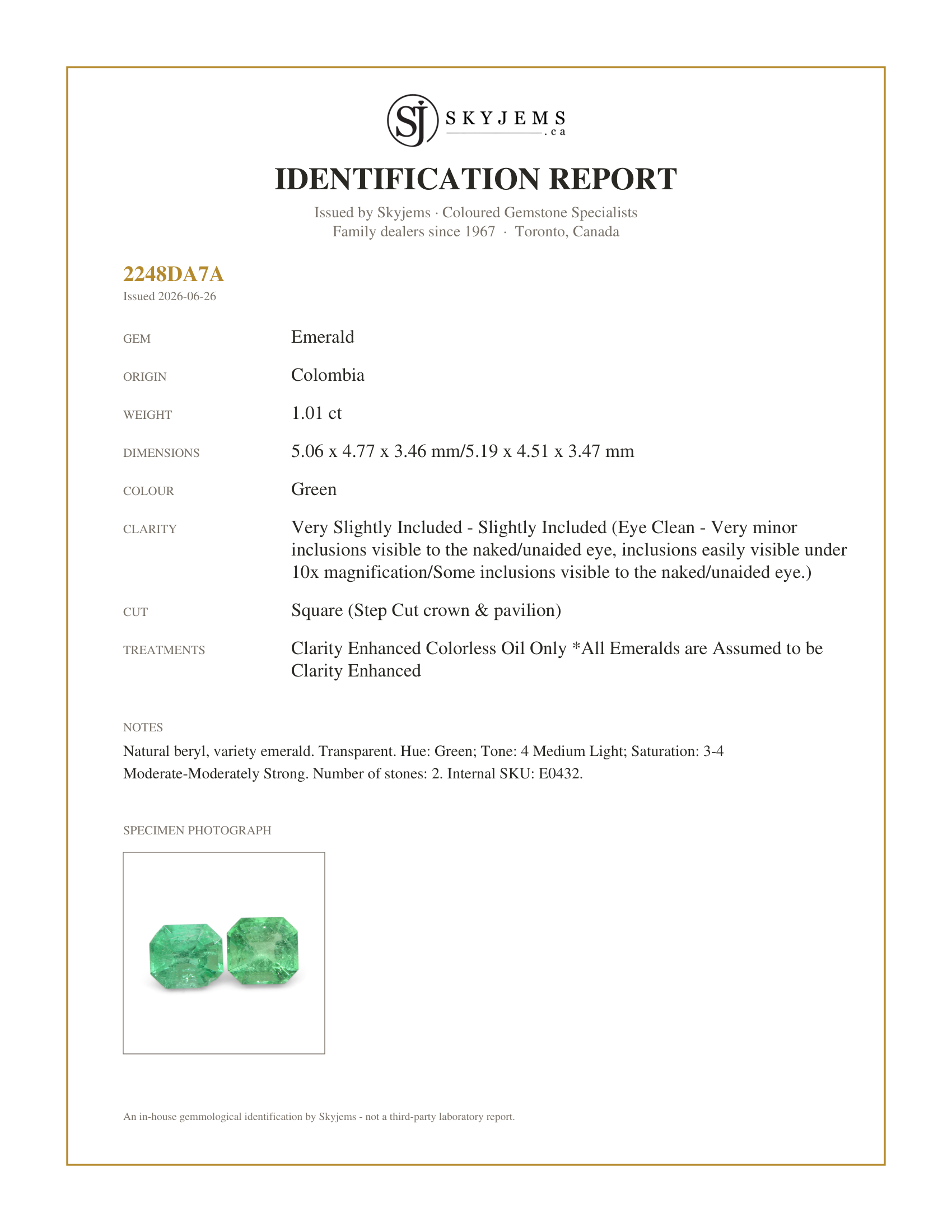 Skyjems Identification Report for E0432 — 1.01ct Pair Square Green Emerald from Colombia