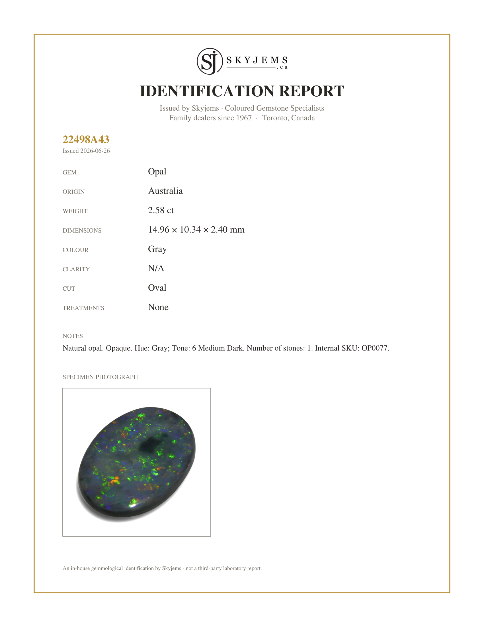 Skyjems Identification Report for OP0077 — 2.58ct Oval Cabochon Gray Opal from Australia