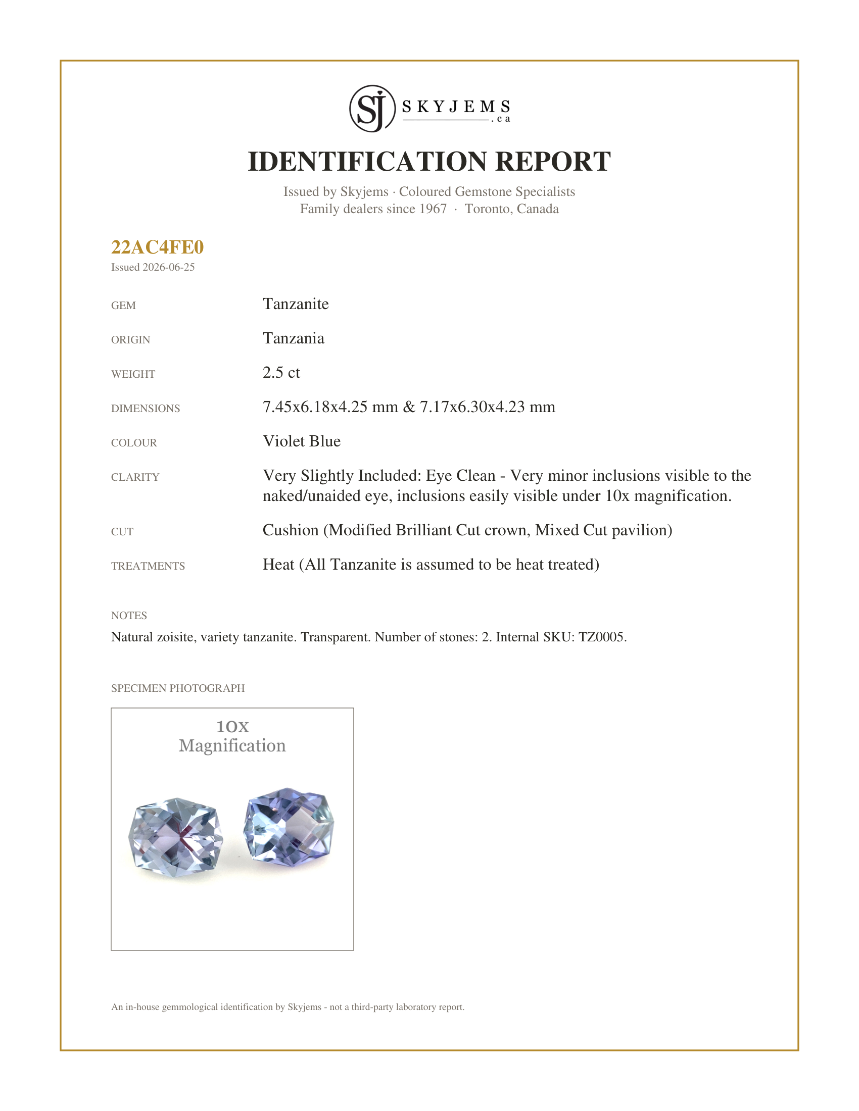 Skyjems Identification Report for TZ0005 — 2.5ct Cushion Tanzanite Precision Cut Pair