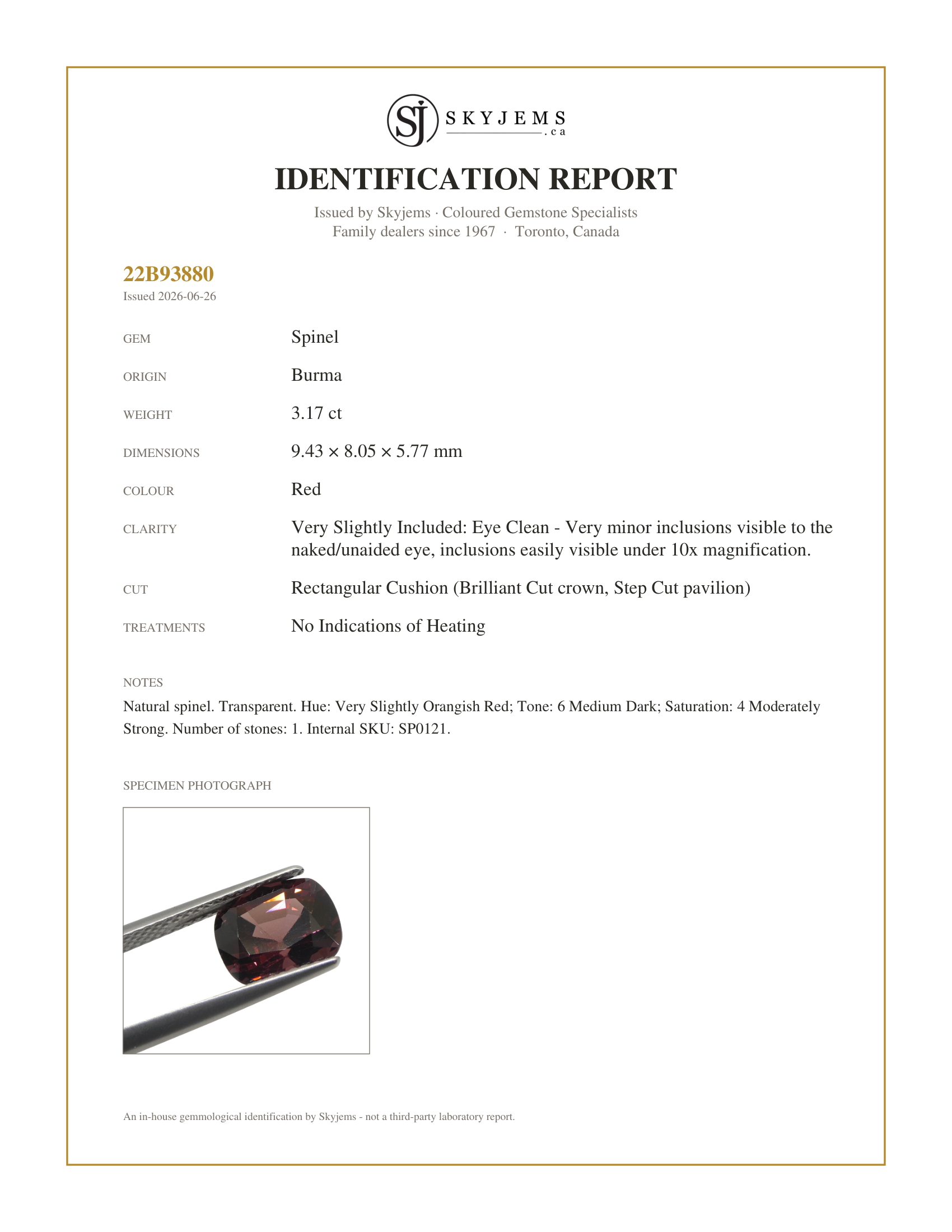 Skyjems Identification Report for SP0121 — 3.17ct Rectangular Cushion Red Spinel from Burma