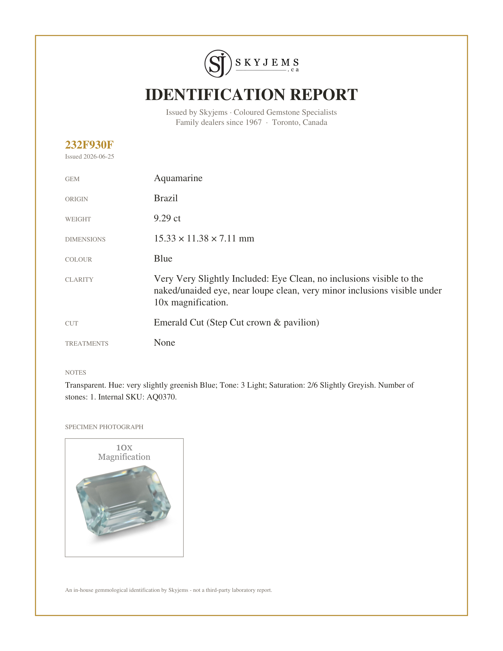 Skyjems Identification Report for AQ0370 — 9.29ct Emerald Cut Aquamarine