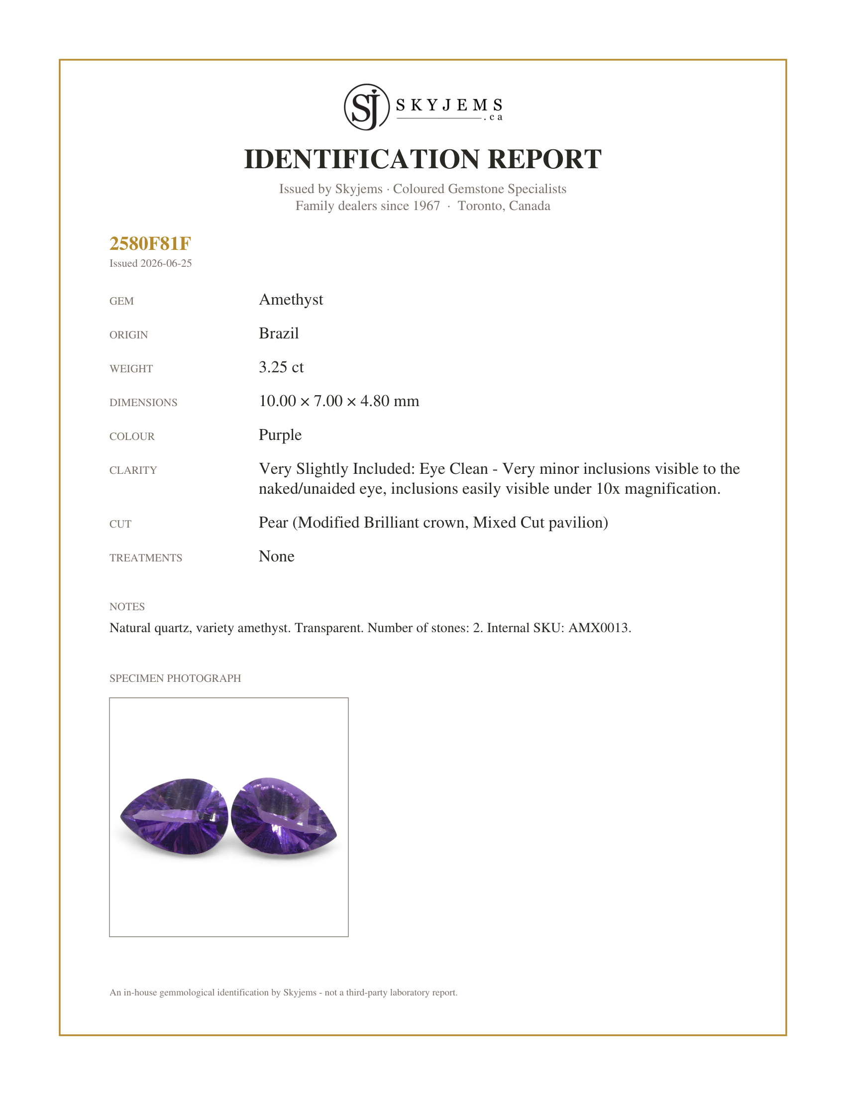 Skyjems Identification Report for AMX0013 — 3.25ct Pear Amethyst 'Gloria' Fantasy/Fancy Cut Pair