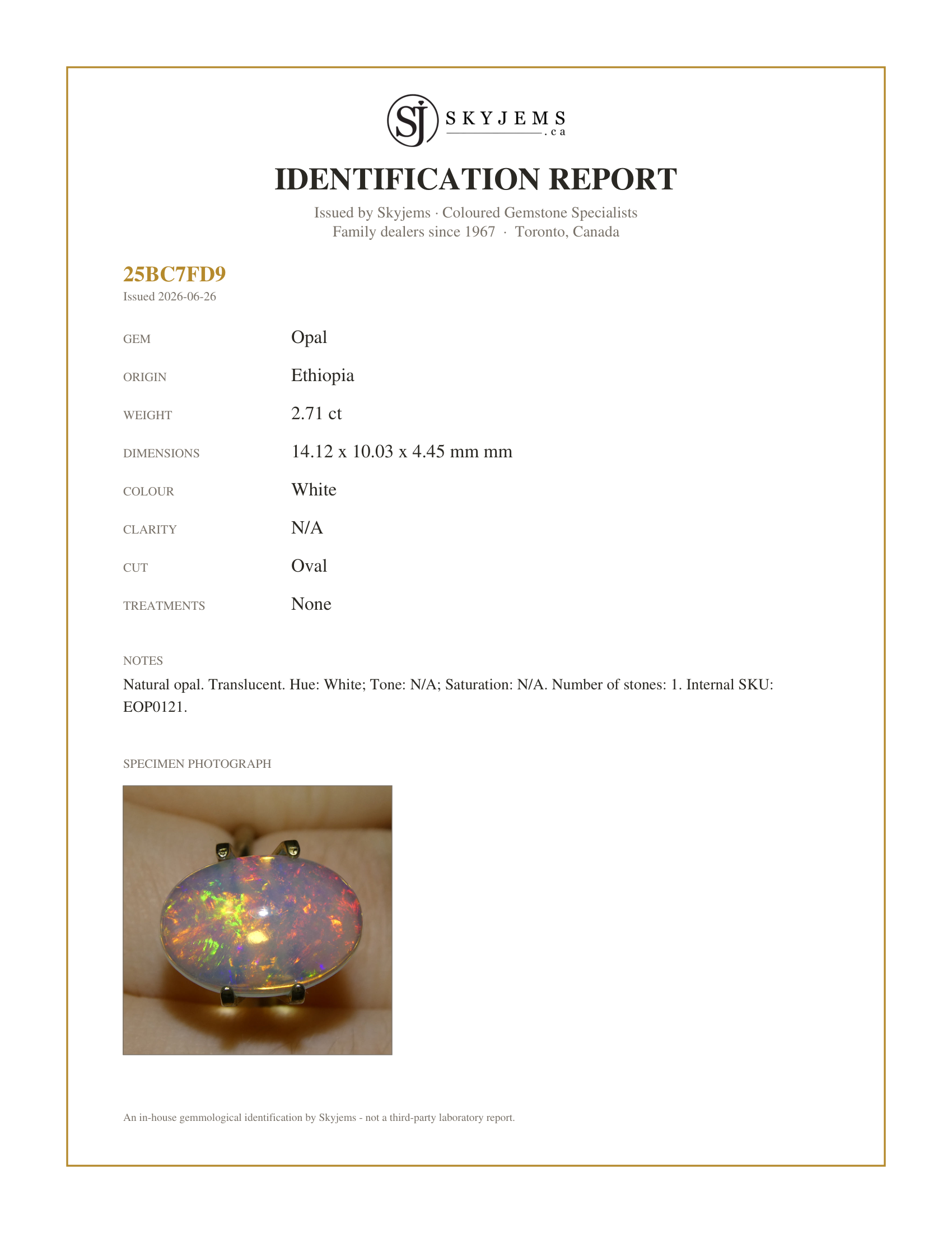 Skyjems Identification Report for EOP0121 — 2.71ct Oval Cabochon White Crystal Opal from Ethiopia