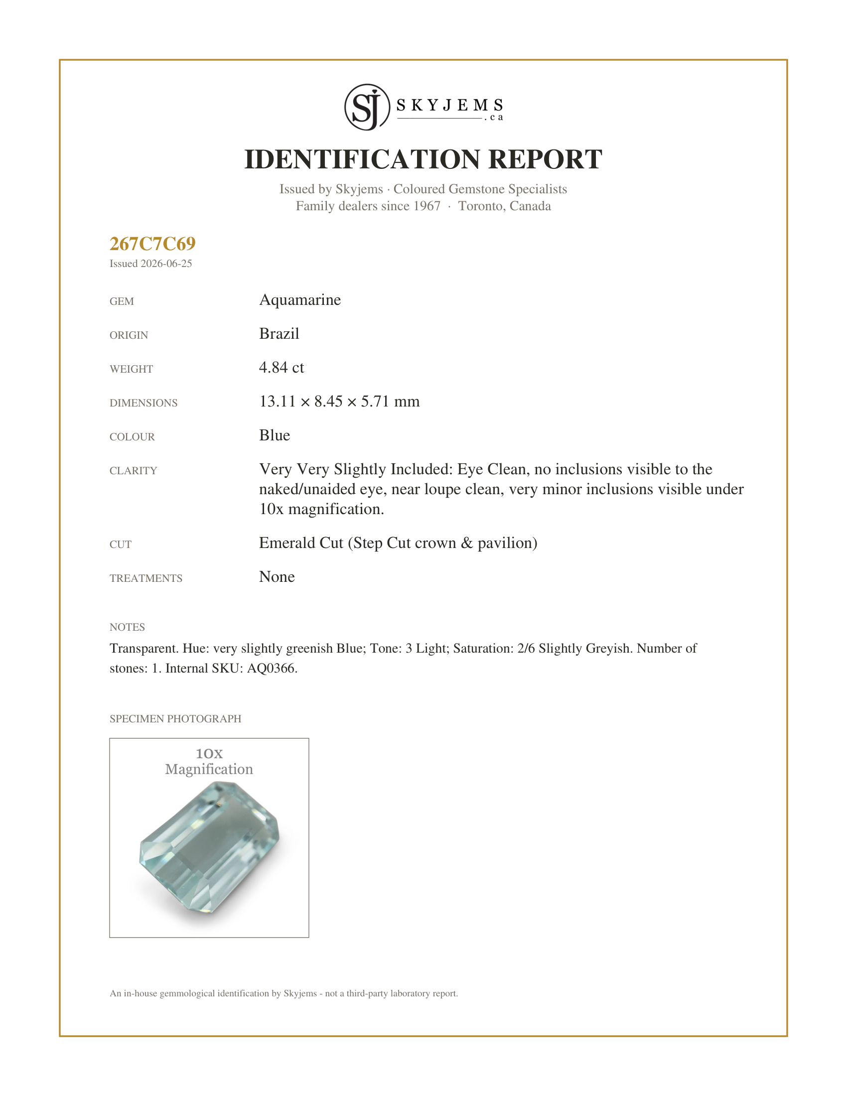 Skyjems Identification Report for AQ0366 — 4.84ct Emerald Cut Aquamarine