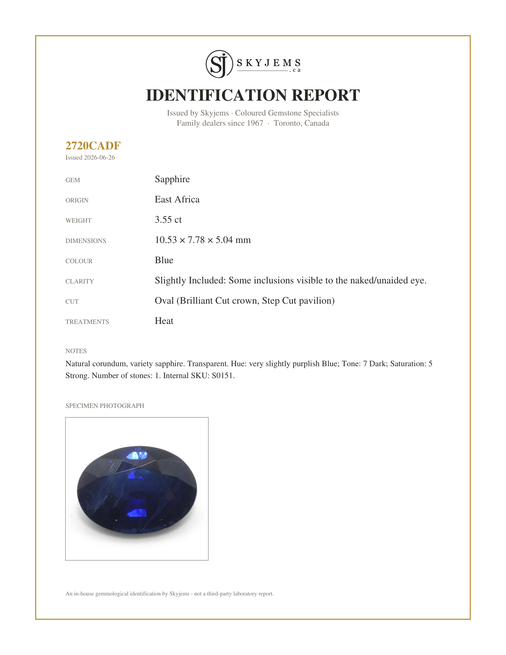 Skyjems Identification Report for S0151 — 3.55ct Oval Blue Sapphire from East Africa