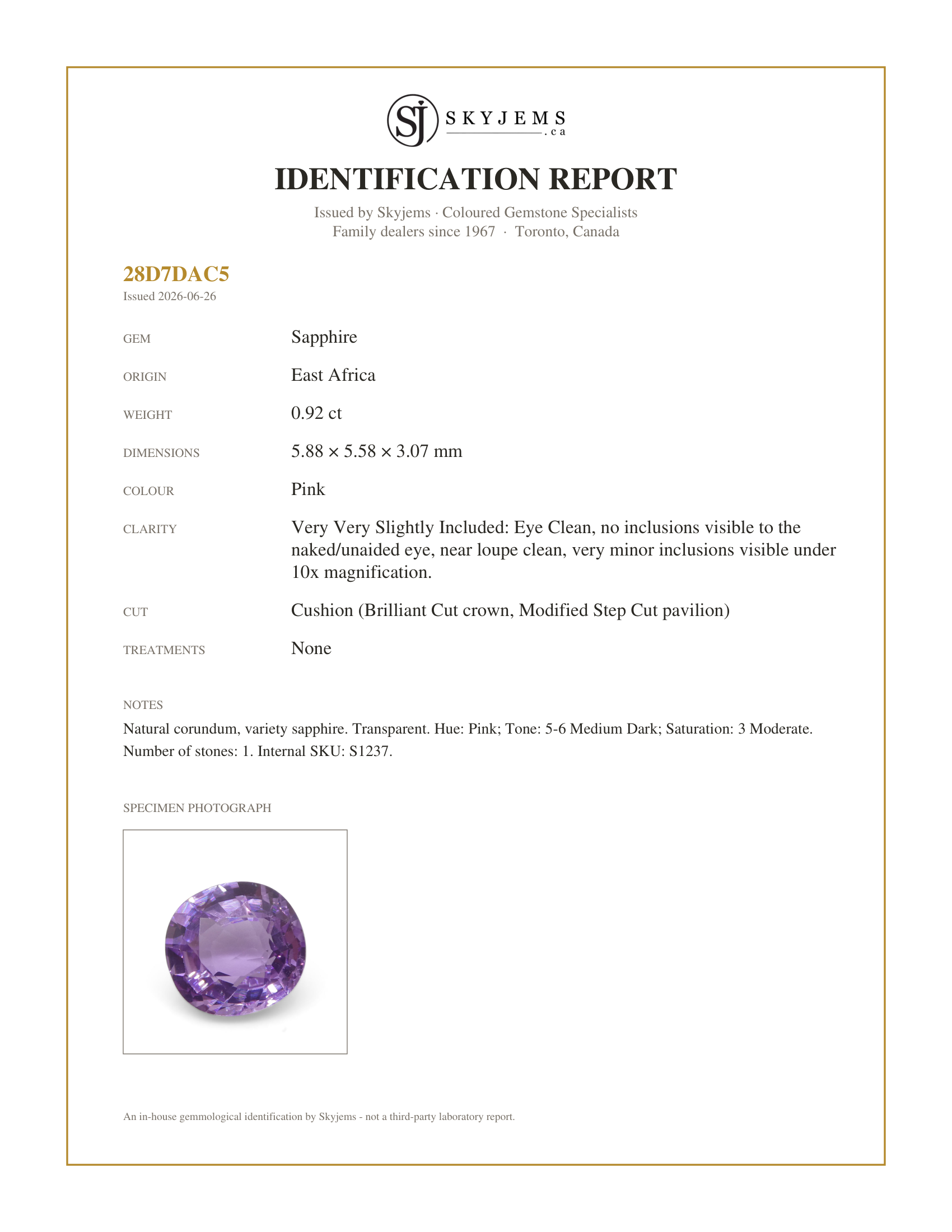 Skyjems Identification Report for S1237 — 0.92ct Cushion Pink Sapphire from East Africa, Unheated