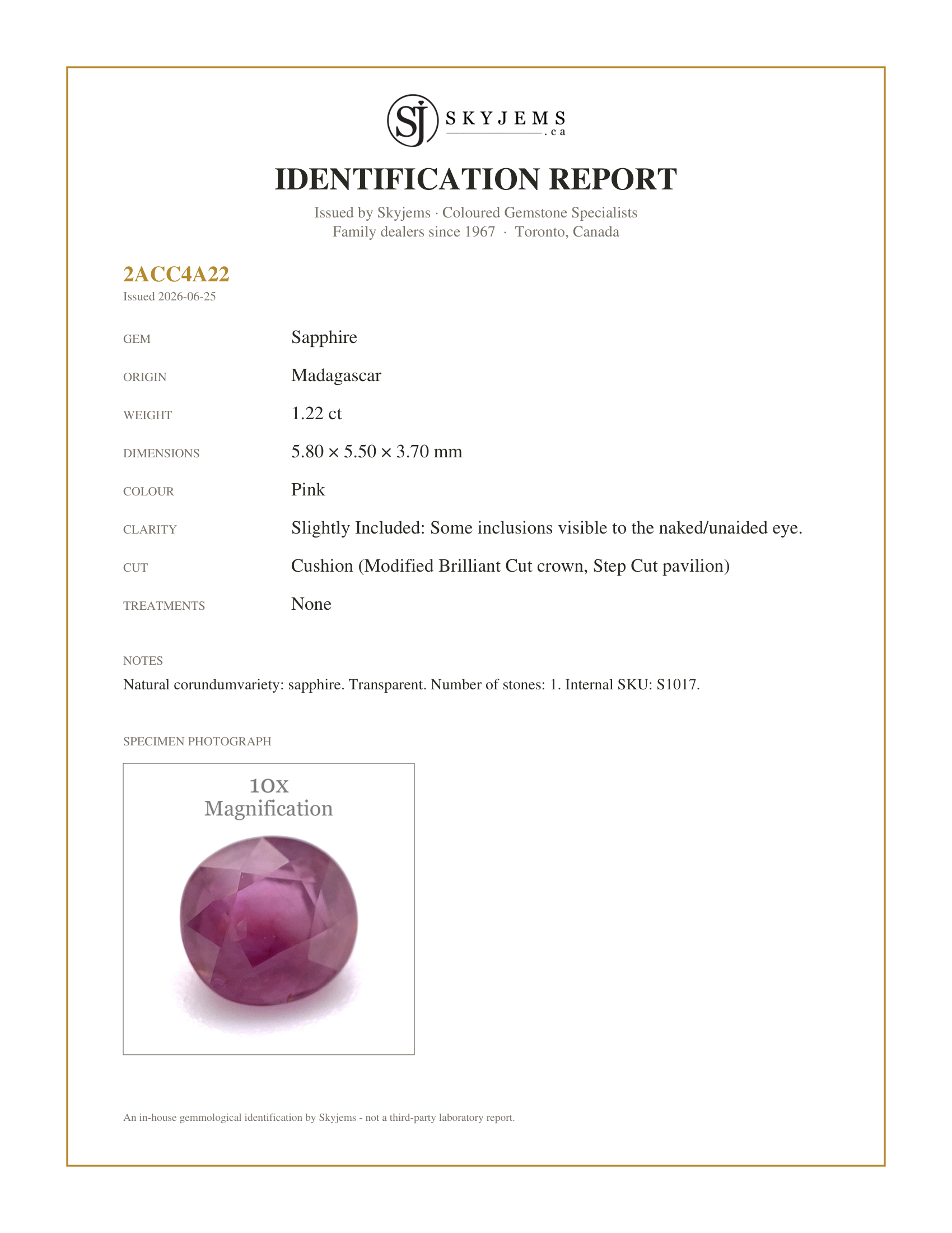 Skyjems Identification Report for S1017 — 1.22ct Cushion Pink Sapphire Unheated