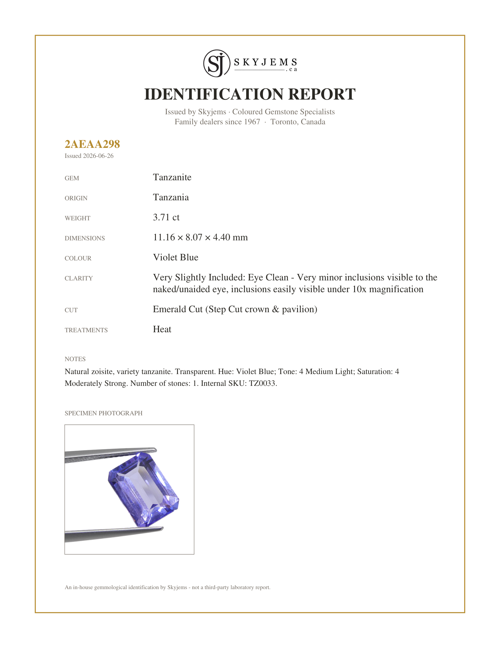 Skyjems Identification Report for TZ0033 — 3.71ct Emerald Cut Violet Blue Tanzanite from Tanzania