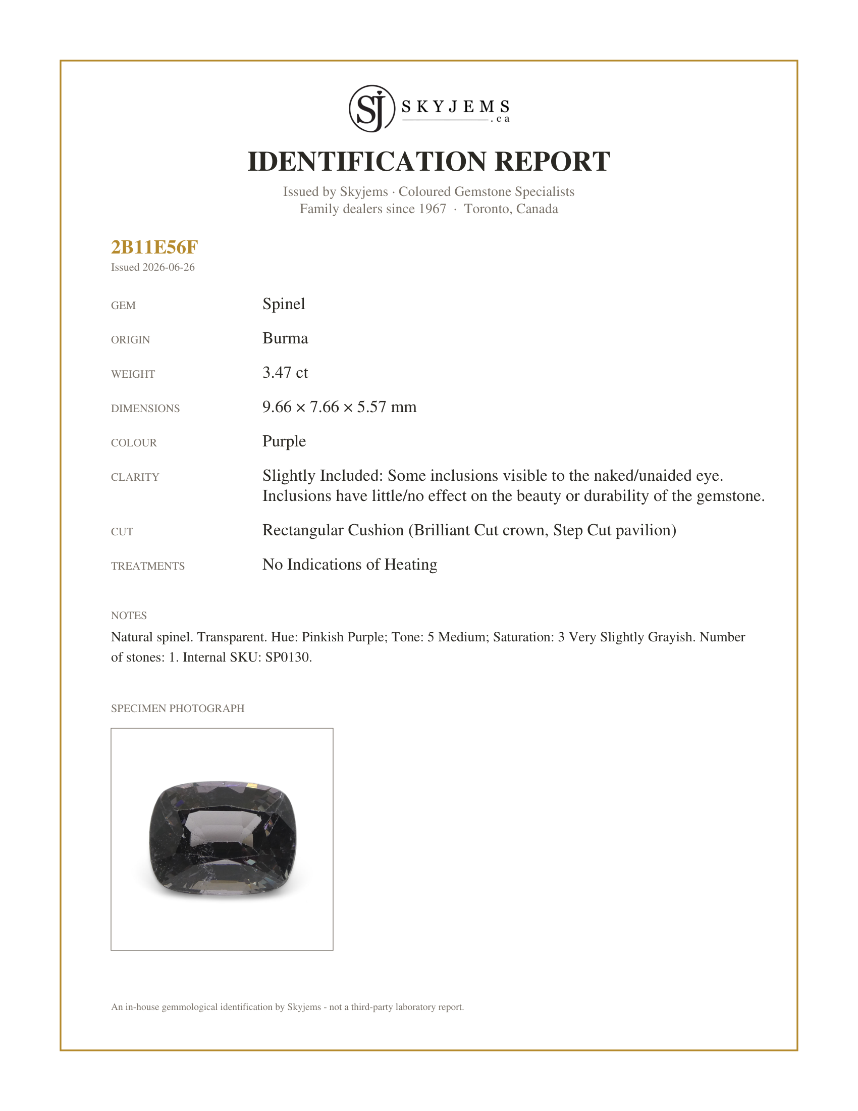 Skyjems Identification Report for SP0130 — 3.47ct Rectangular Cushion Purple Spinel from Burma