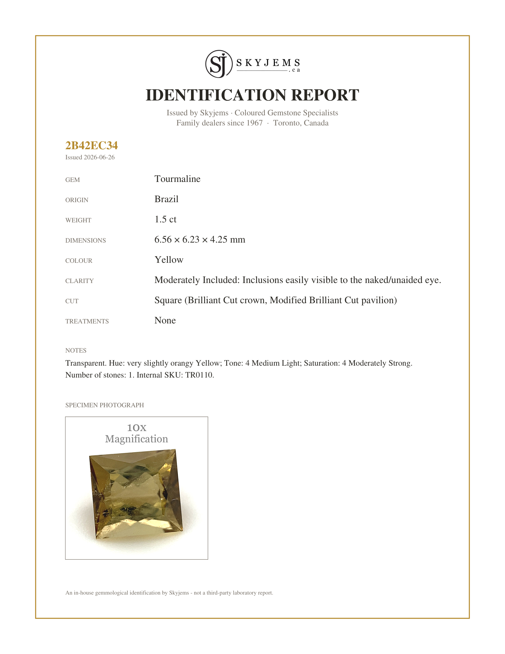 Skyjems Identification Report for TR0110 — 1.5ct Square orangy Yellow Tourmaline