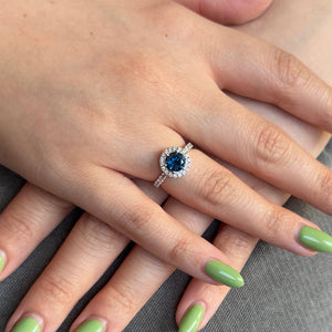 1.33ct Round Teal Blue Sapphire, Diamond Halo Engagement Ring set in 18k White Gold, IGI Certified - Skyjems Wholesale Gemstones
