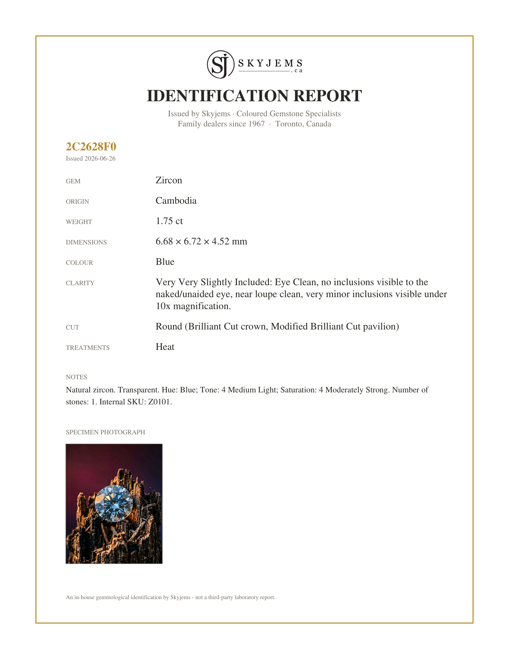 Skyjems Identification Report for Z0101 — 1.75ct Natural Earth Mined Round Master Brilliant Cut Blue Zircon from Cambodia