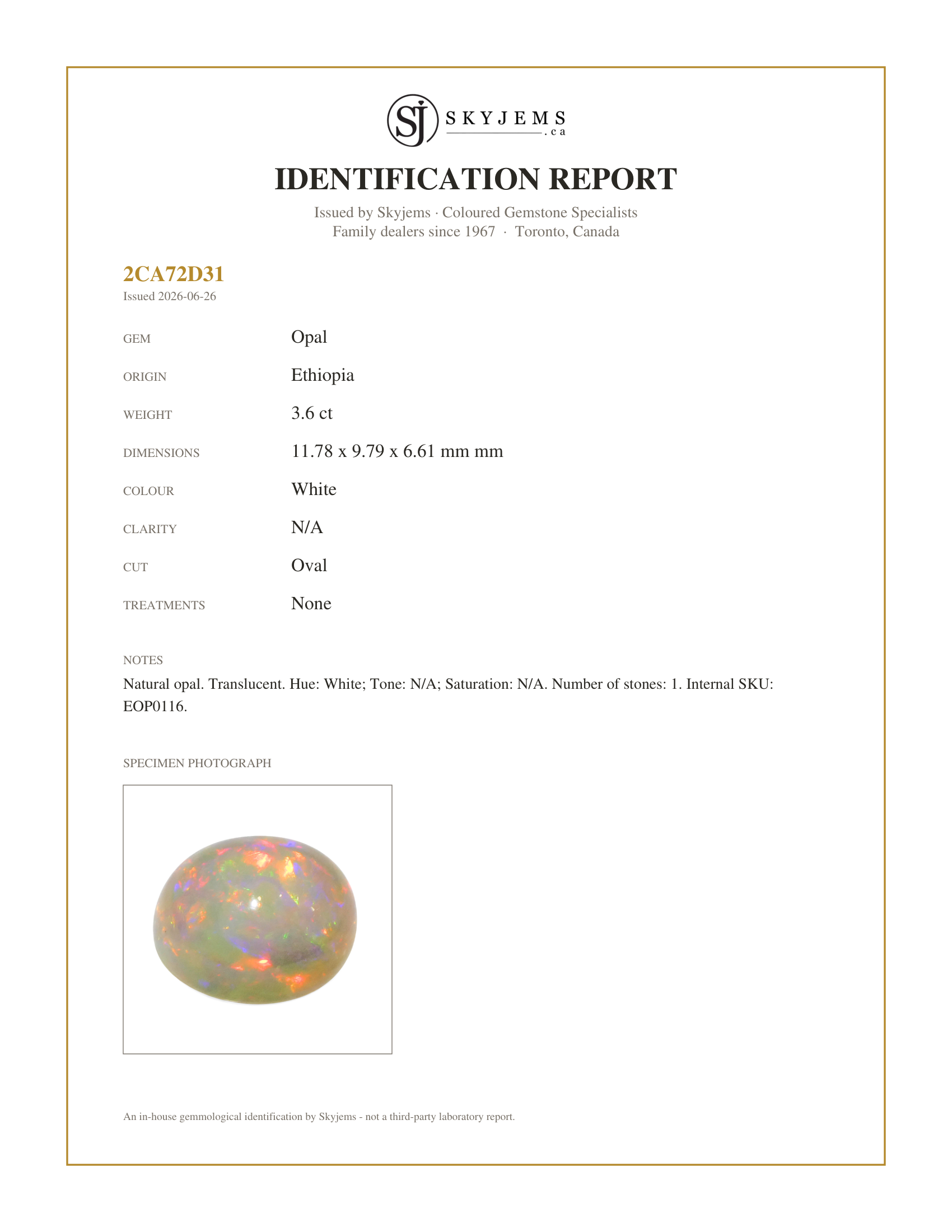 Skyjems Identification Report for EOP0116 — 3.6ct Oval Cabochon White Welo Opal from Ethiopia