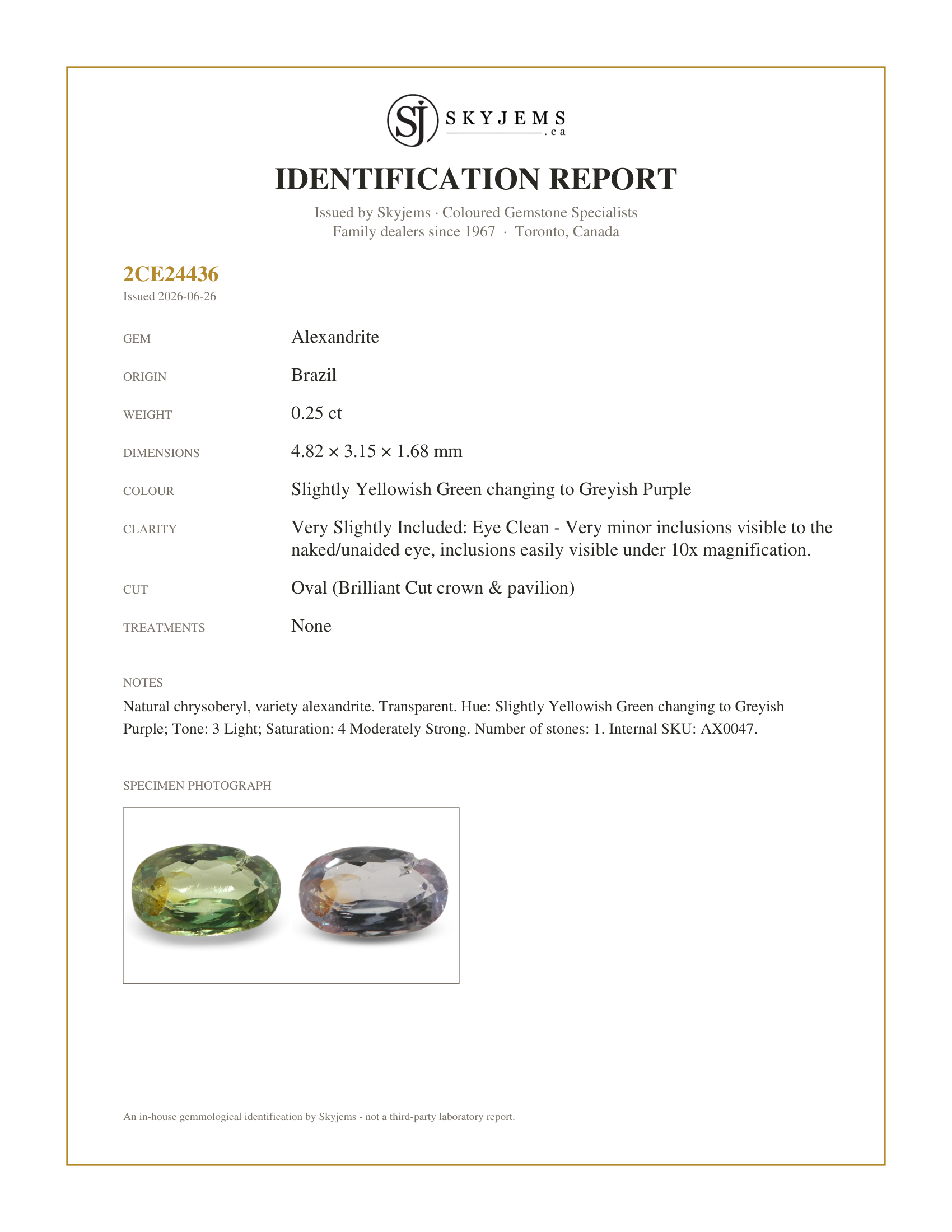 Skyjems Identification Report for AX0047 — 0.25ct Oval Yellowish Green to Greyish Purple Alexandrite from Brazil, Unheated