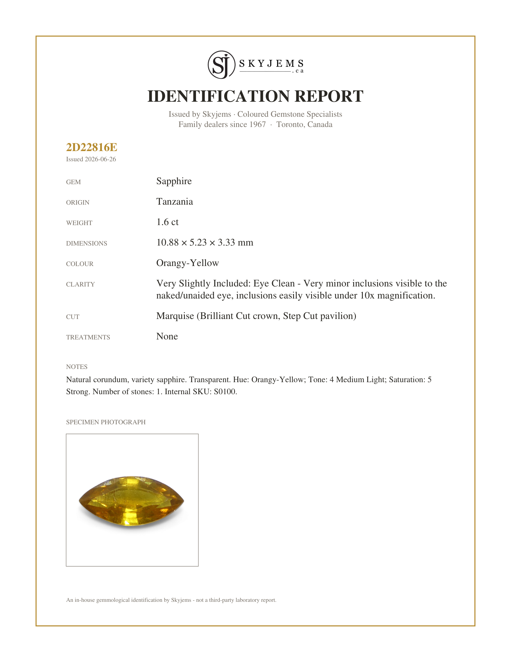 Skyjems Identification Report for S0100 — 1.6ct Marquise Yellow Sapphire from Tanzania Unheated