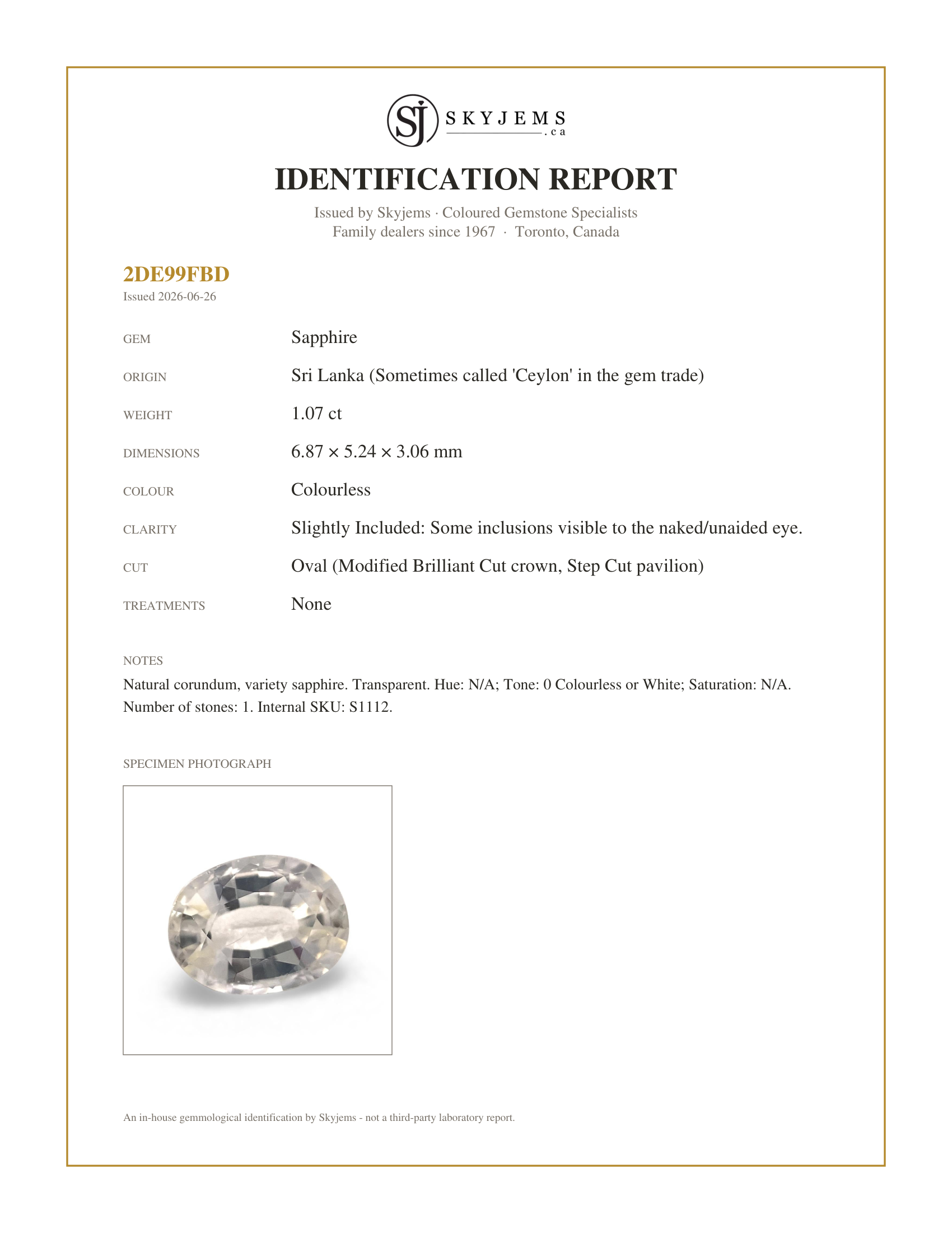 Skyjems Identification Report for S1112 — 1.07ct Oval White Sapphire from Sri Lanka Unheated