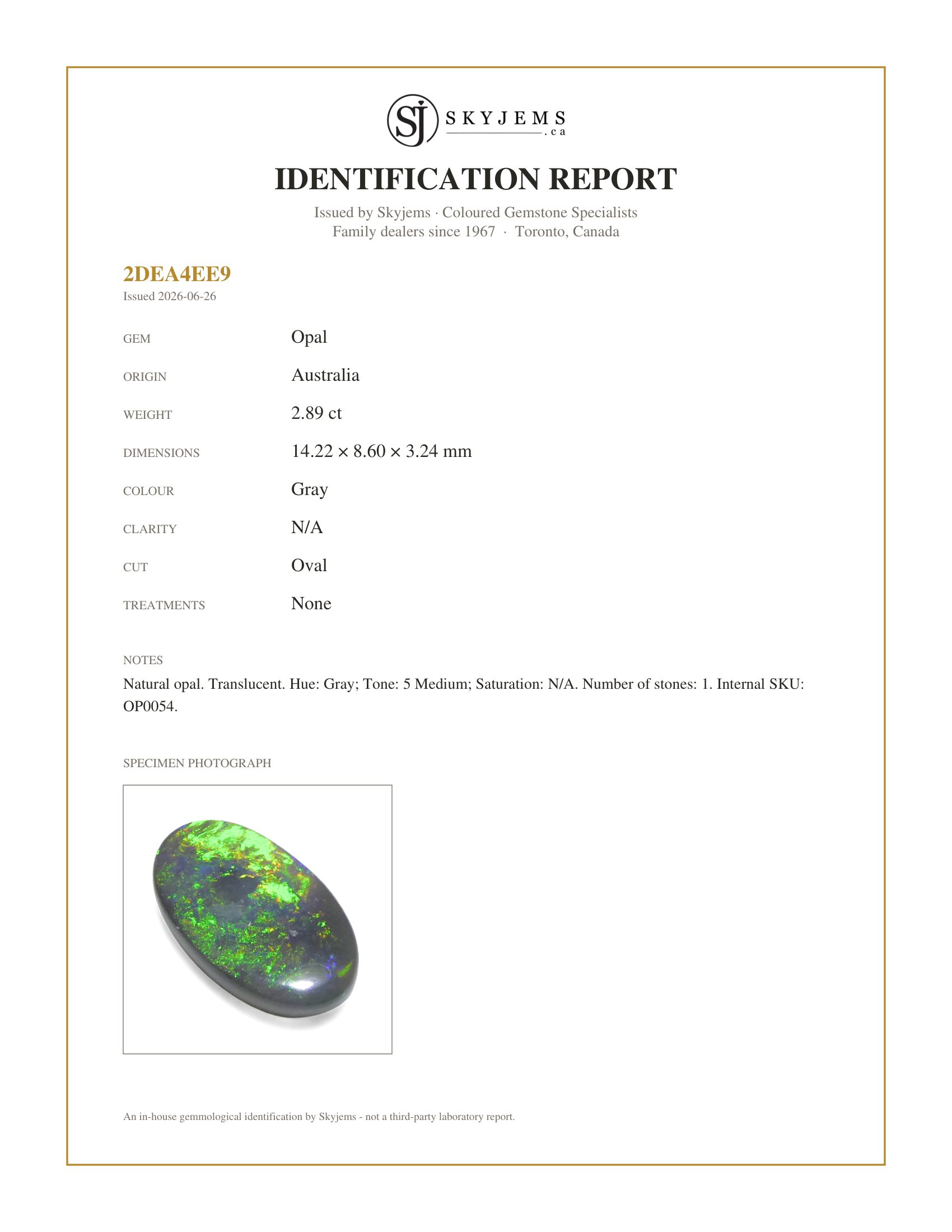Skyjems Identification Report for OP0054 — 2.89ct Oval Cabochon Gray Opal from Australia