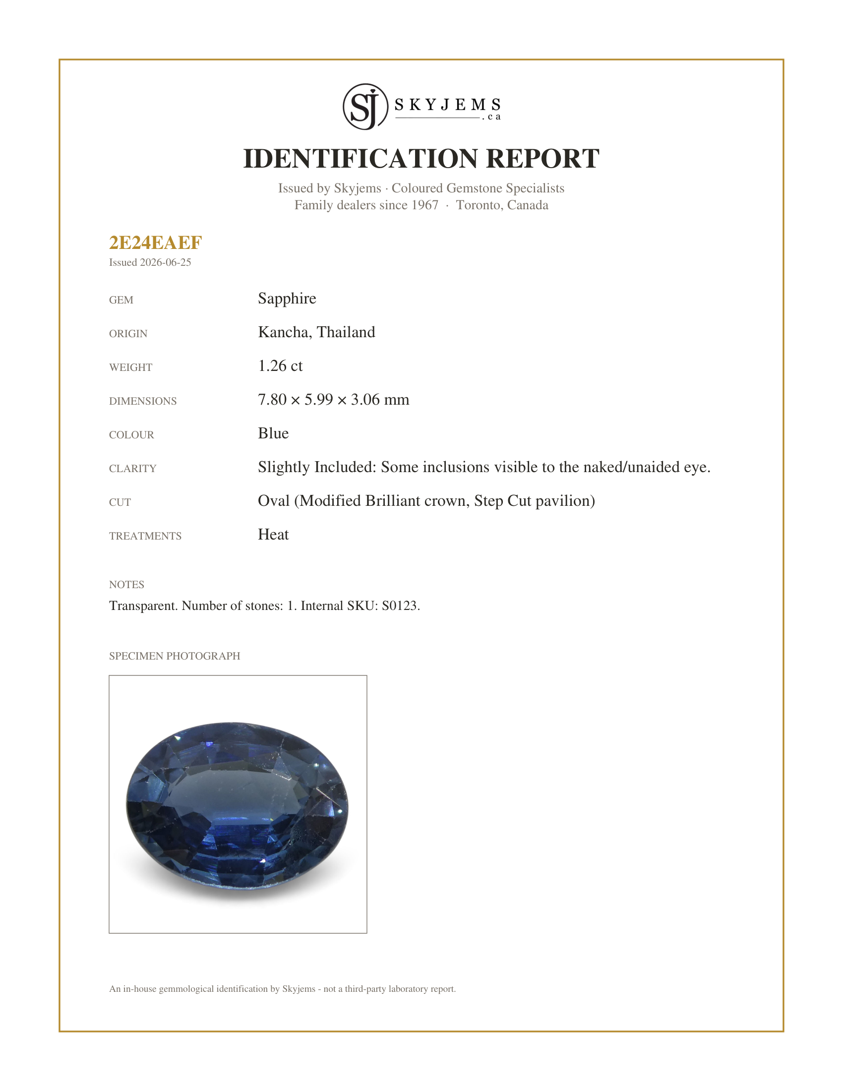 Skyjems Identification Report for S0123 — 1.26 ct Oval Sapphire Kancha, Thailand