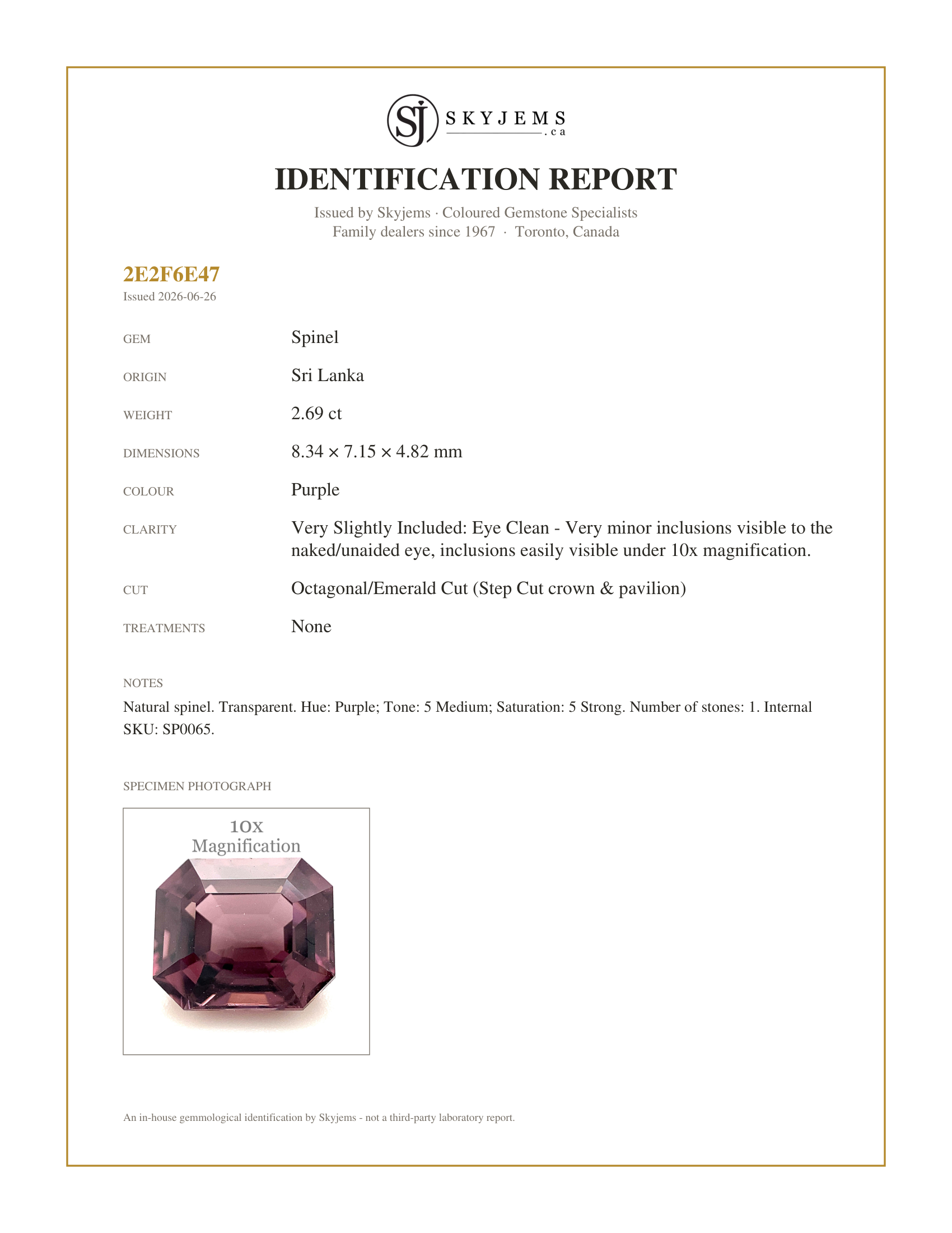 Skyjems Identification Report for SP0065 — 2.69ct Octagonal/Emerald Cut Purple Spinel from Sri Lanka Unheated