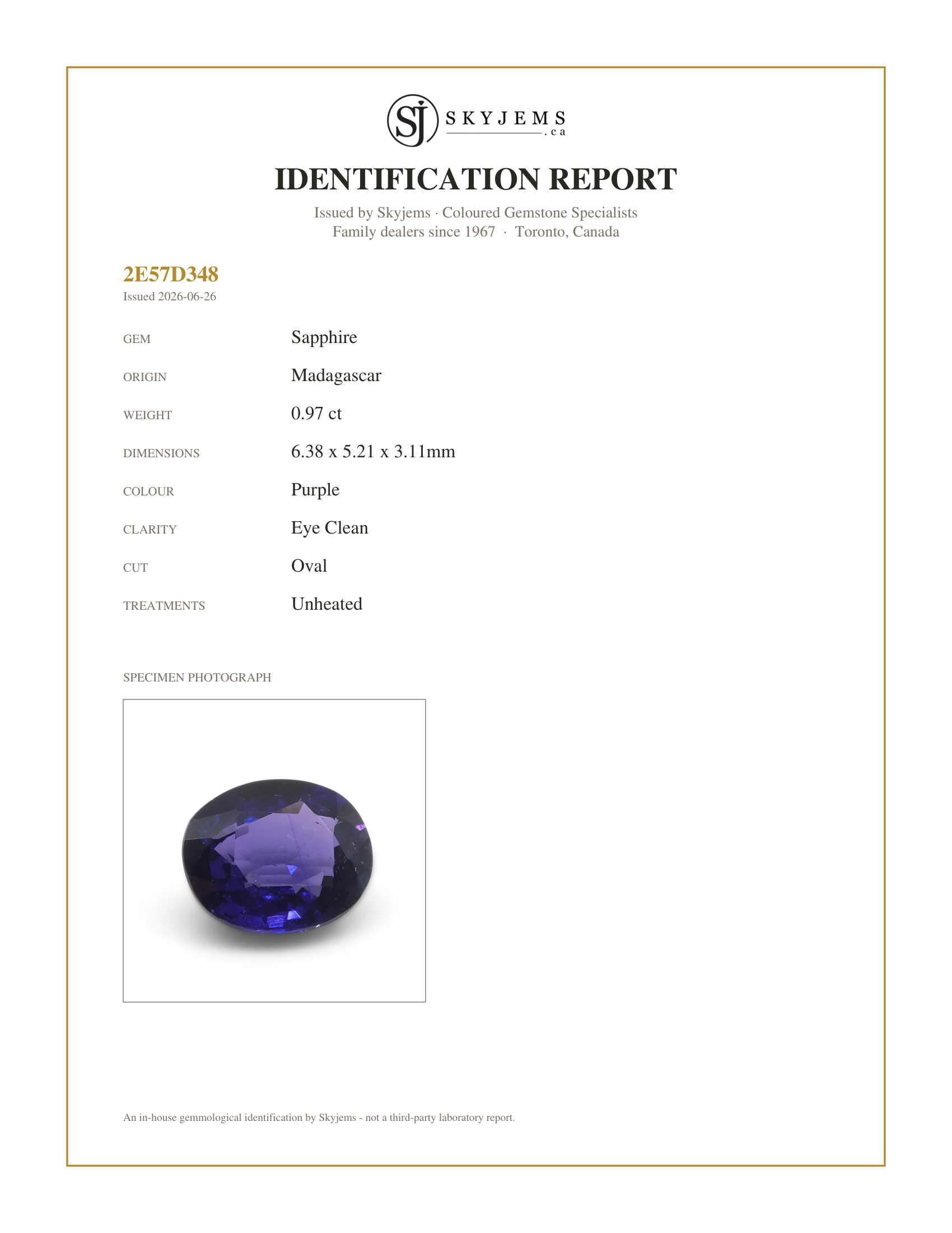Skyjems Identification Report for S1193 — 0.97ct Oval Purple Sapphire from Madagascar, Unheated