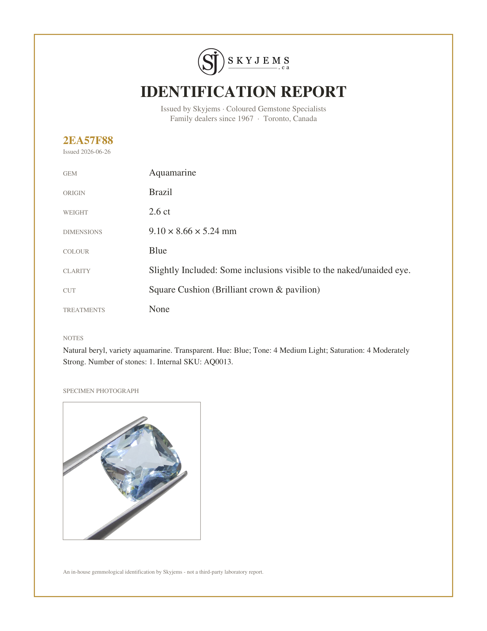 Skyjems Identification Report for AQ0013 — 2.6ct Square Cushion Blue Aquamarine from Brazil