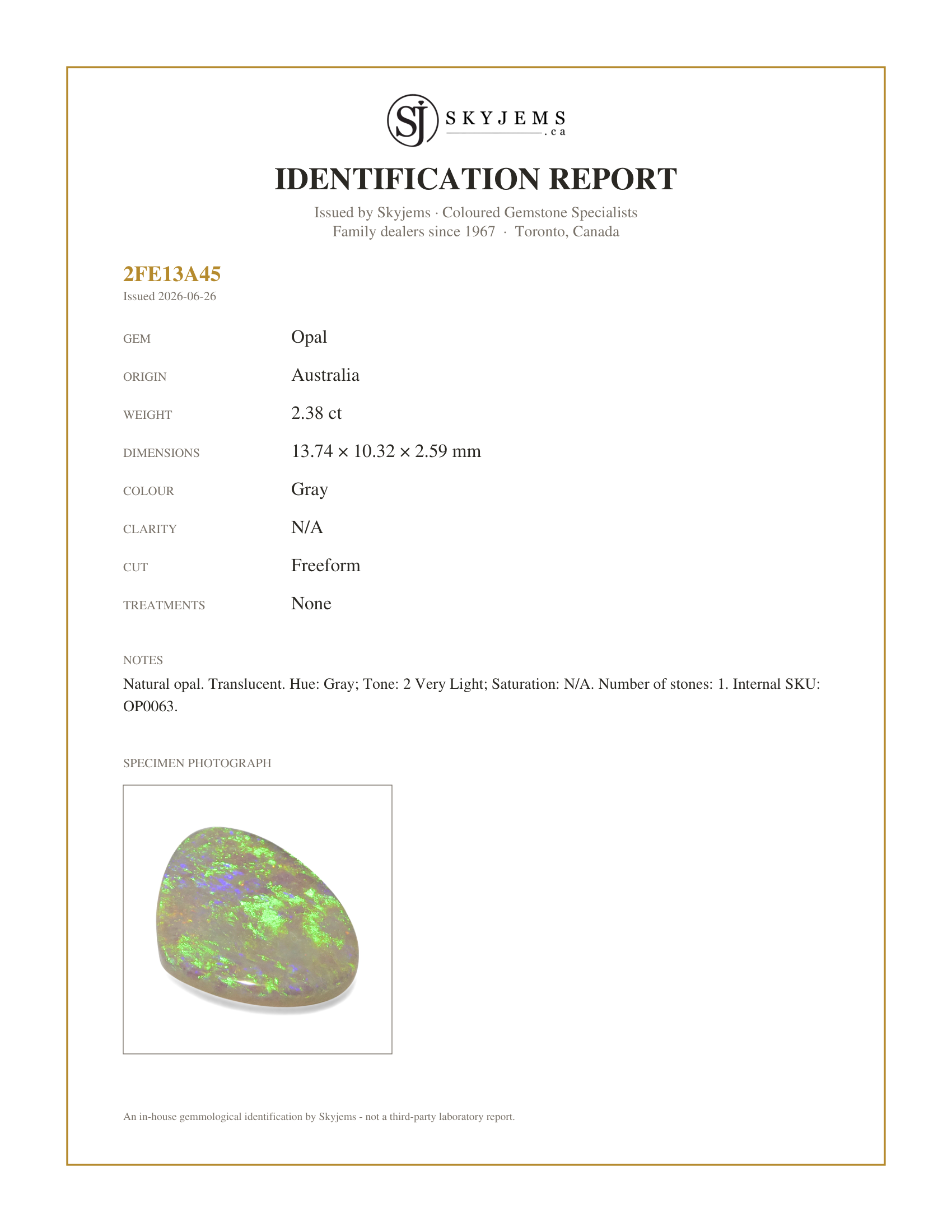 Skyjems Identification Report for OP0063 — 2.38ct Freeform Cabochon Gray Opal from Australia